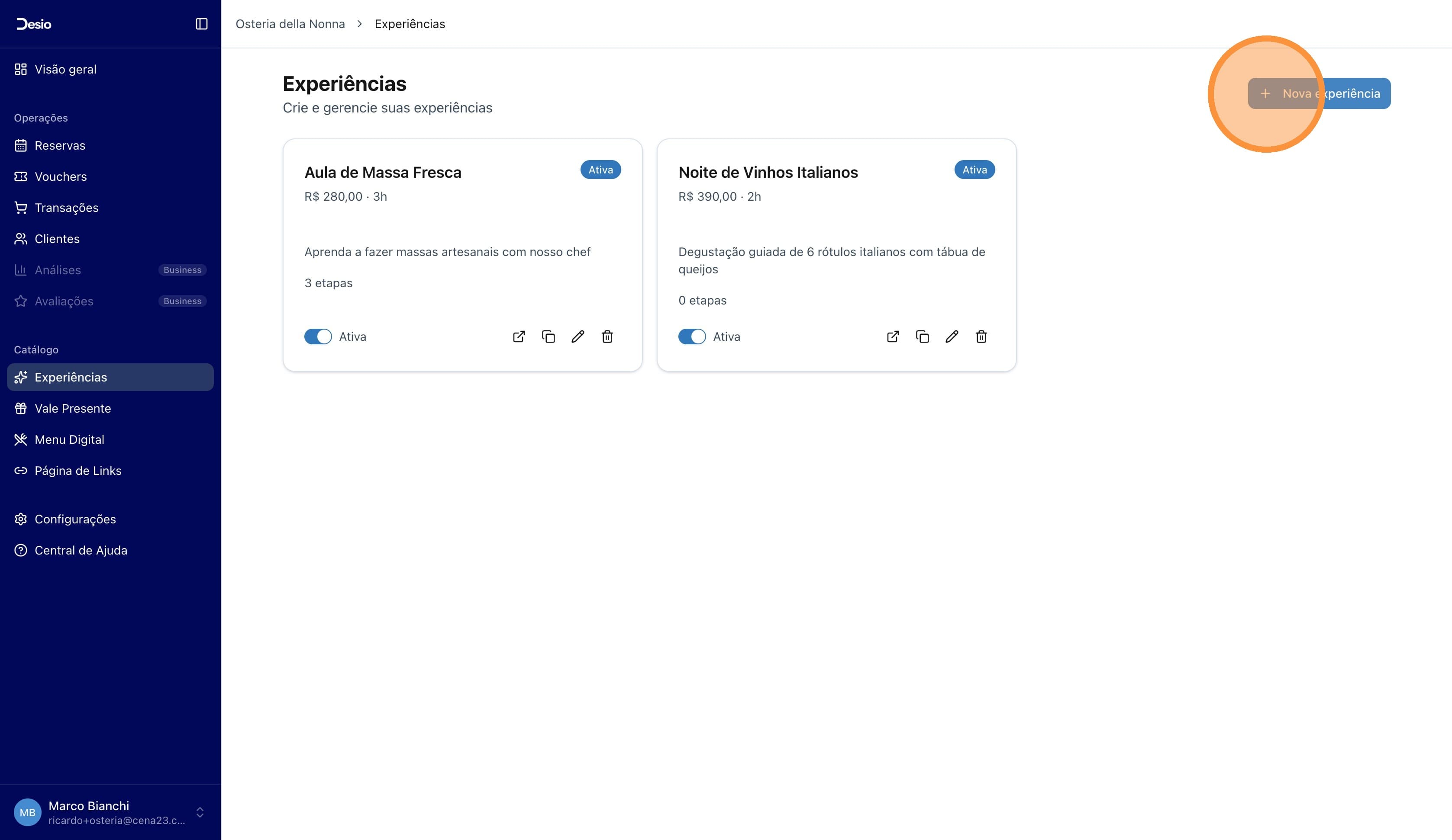 Botão Nova Experiência na listagem de produtos