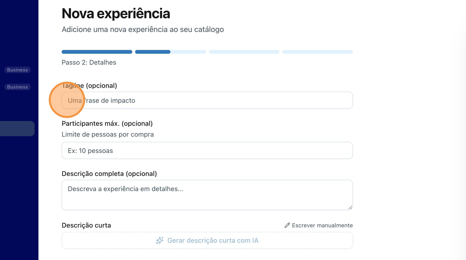 Campo Tagline para frase de impacto