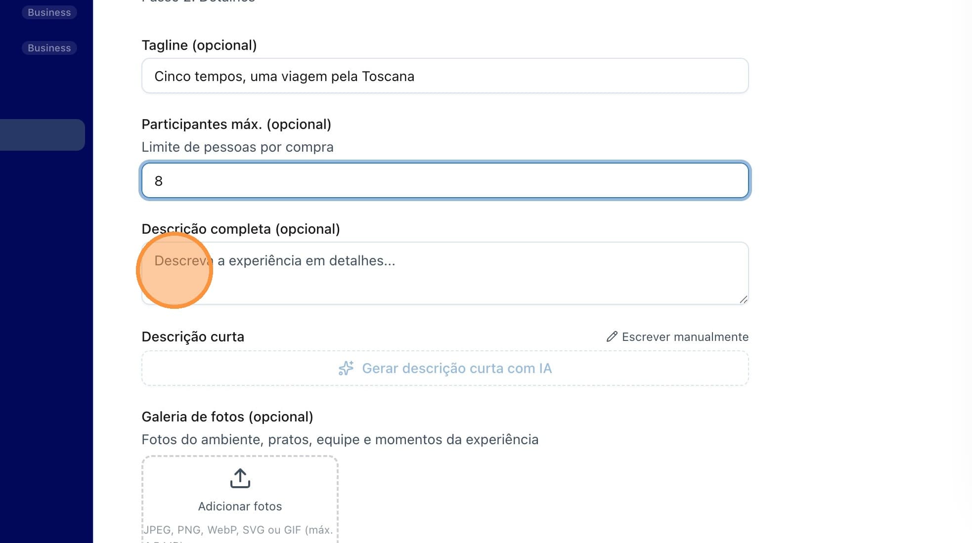 Caixa de texto para descrição detalhada