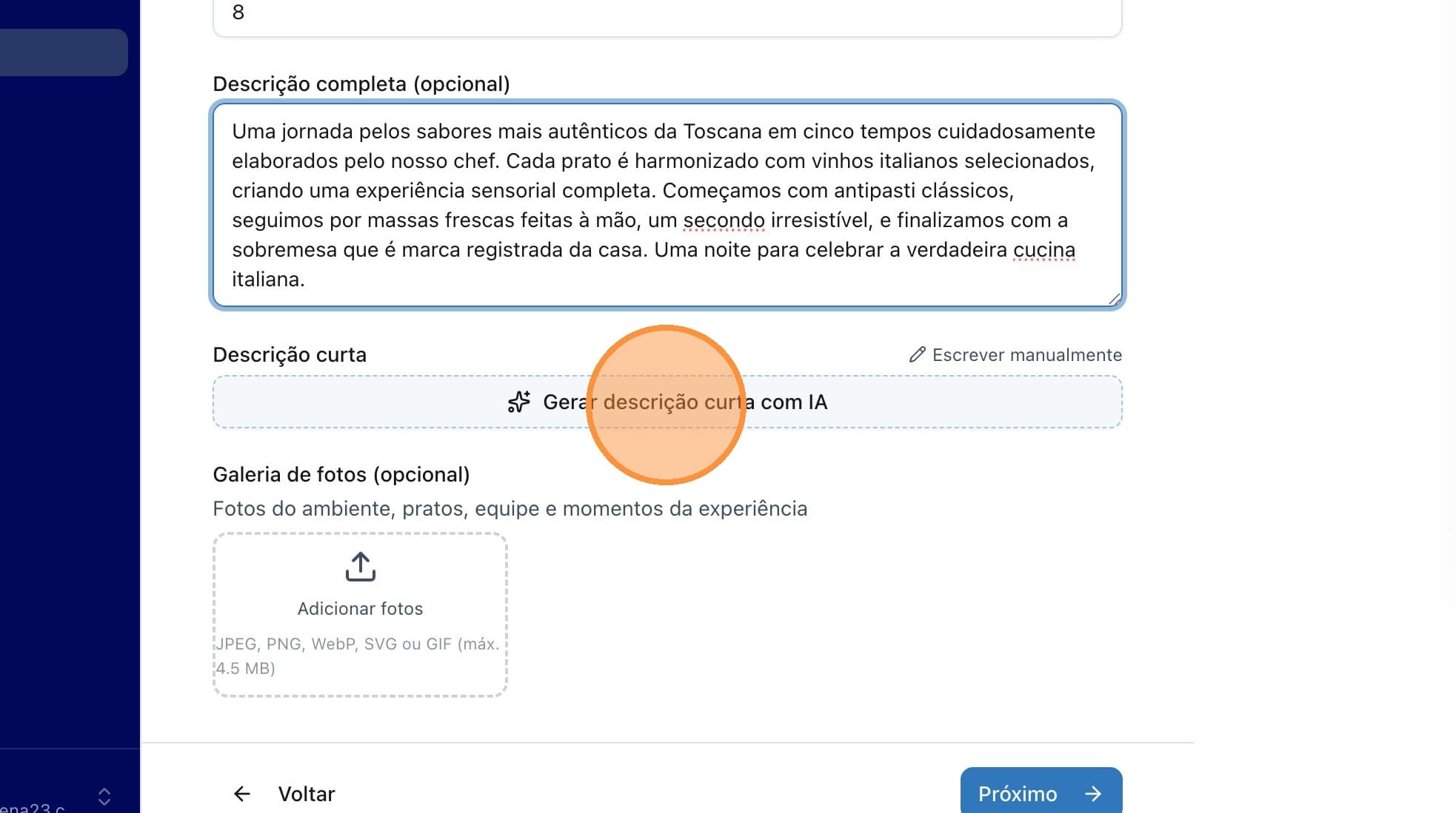 Botão para gerar descrição com IA
