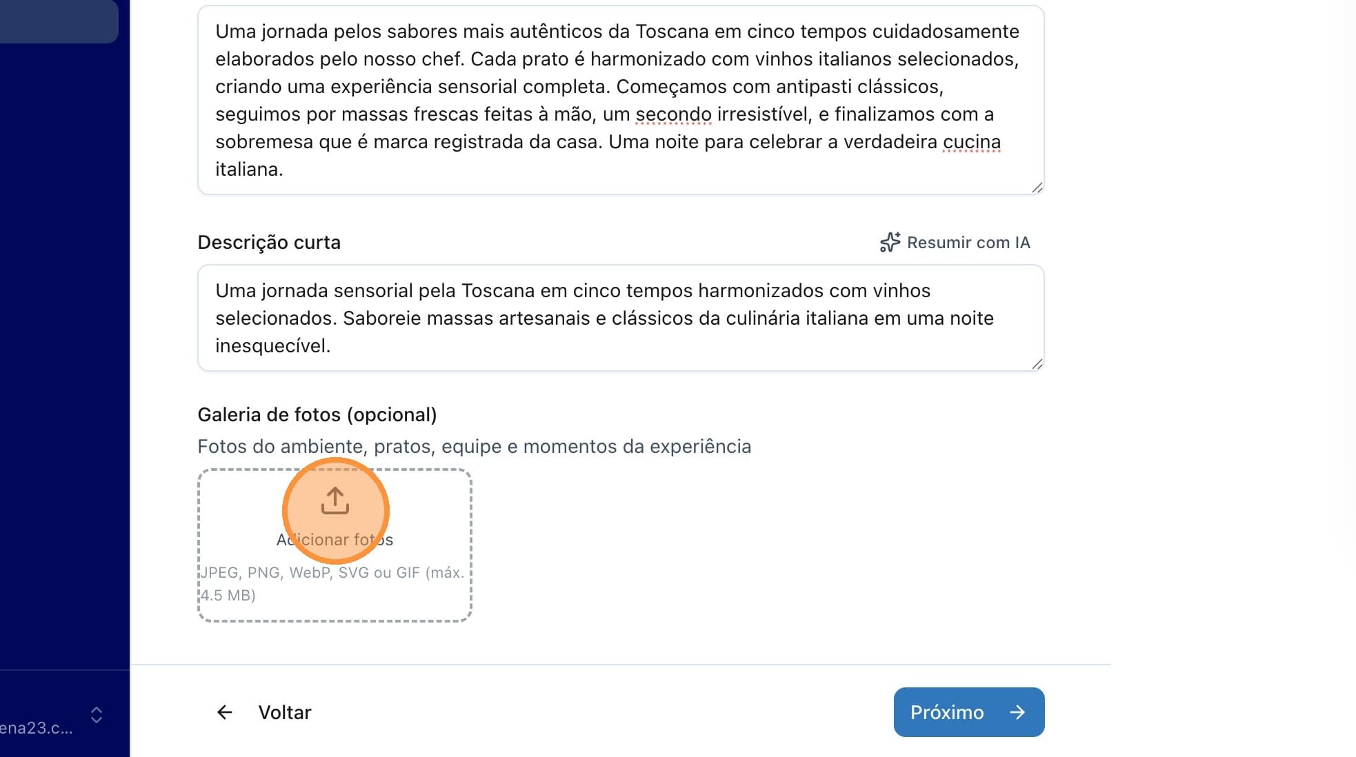 Botão para adicionar fotos na galeria