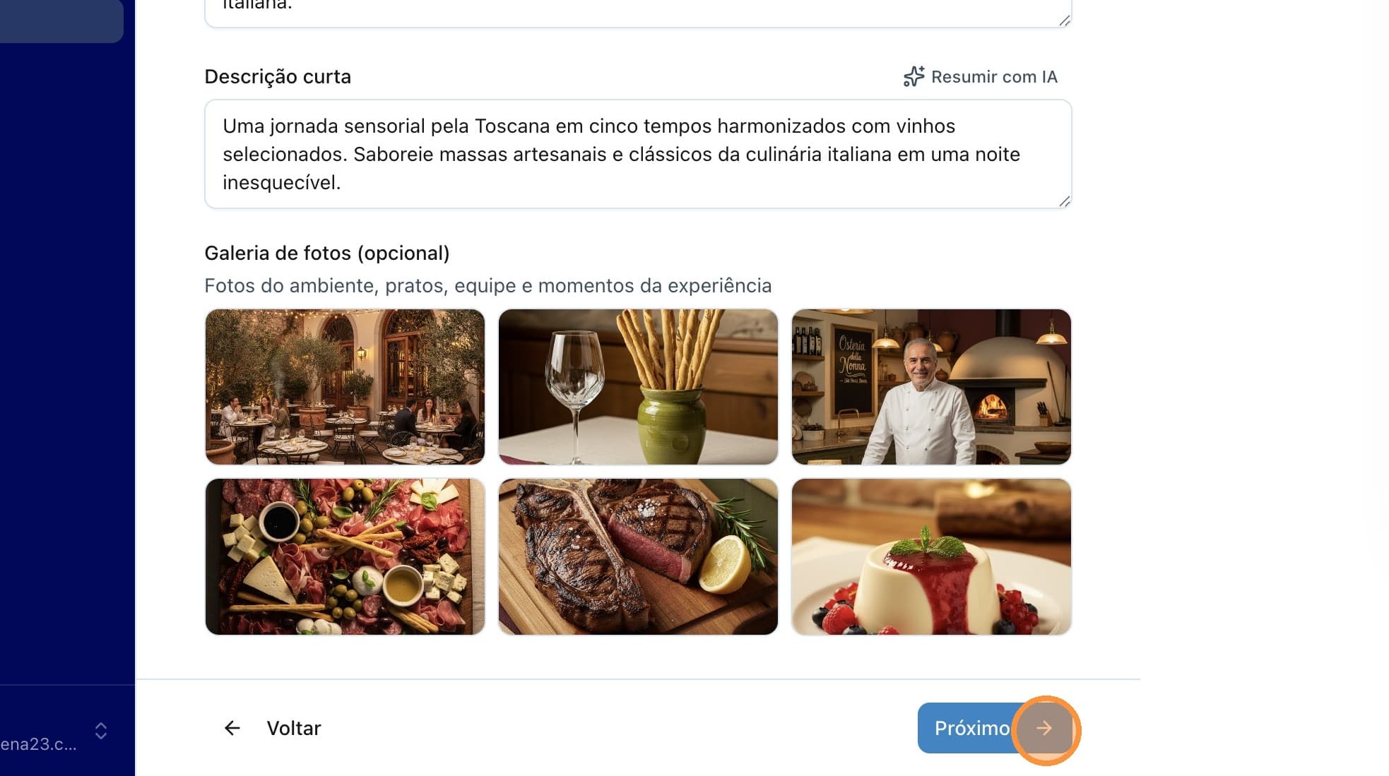 Revisão da galeria e botão Próximo
