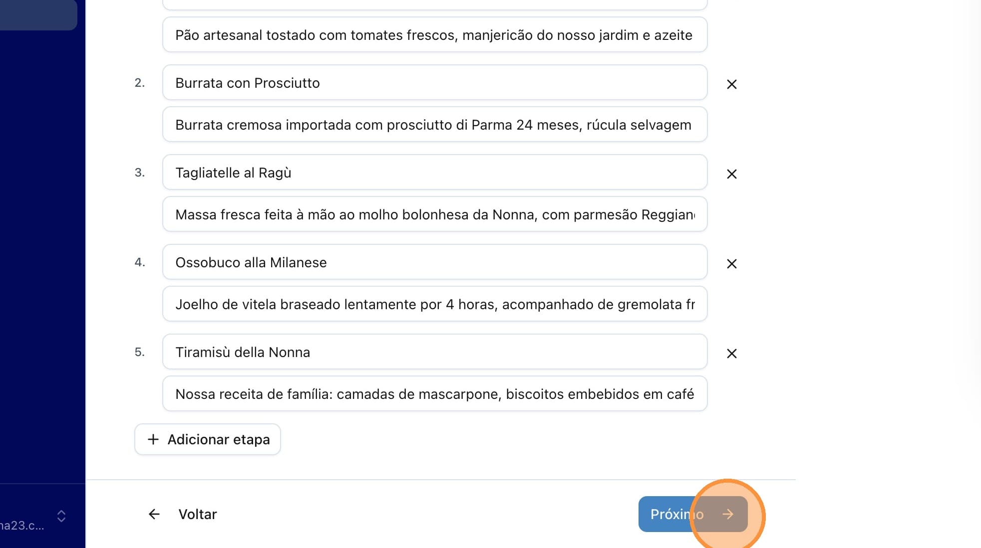 Lista de etapas do menu preenchida