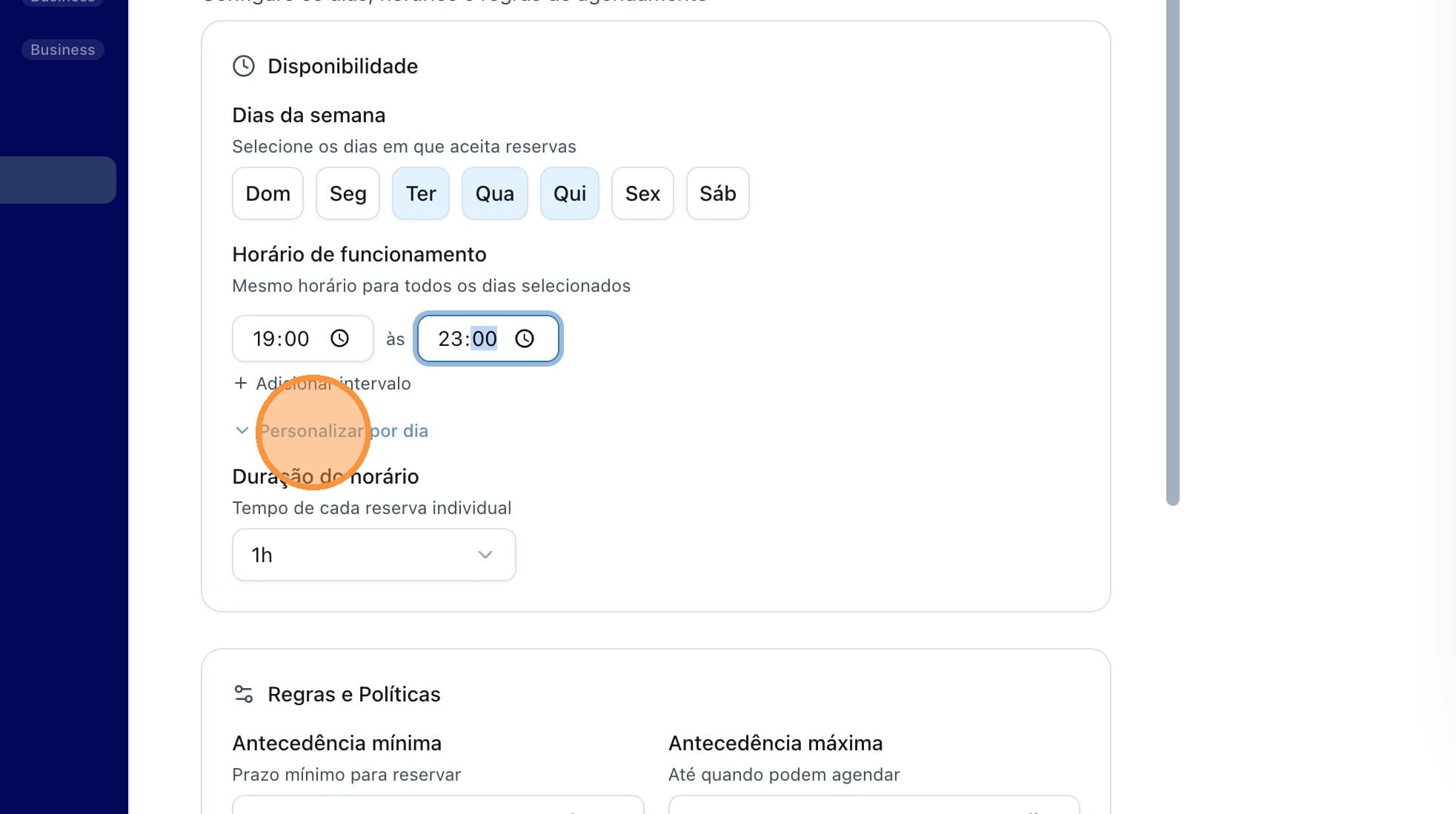 Link para personalizar horários individualmente