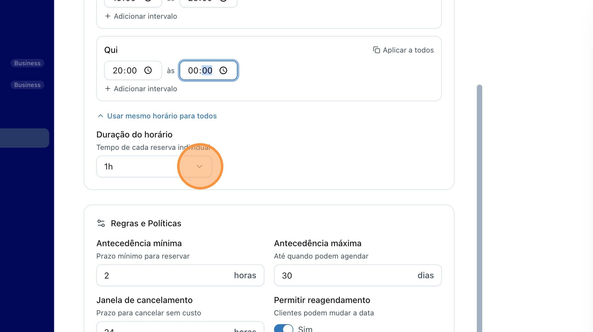 Dropdown de duração da reserva individual