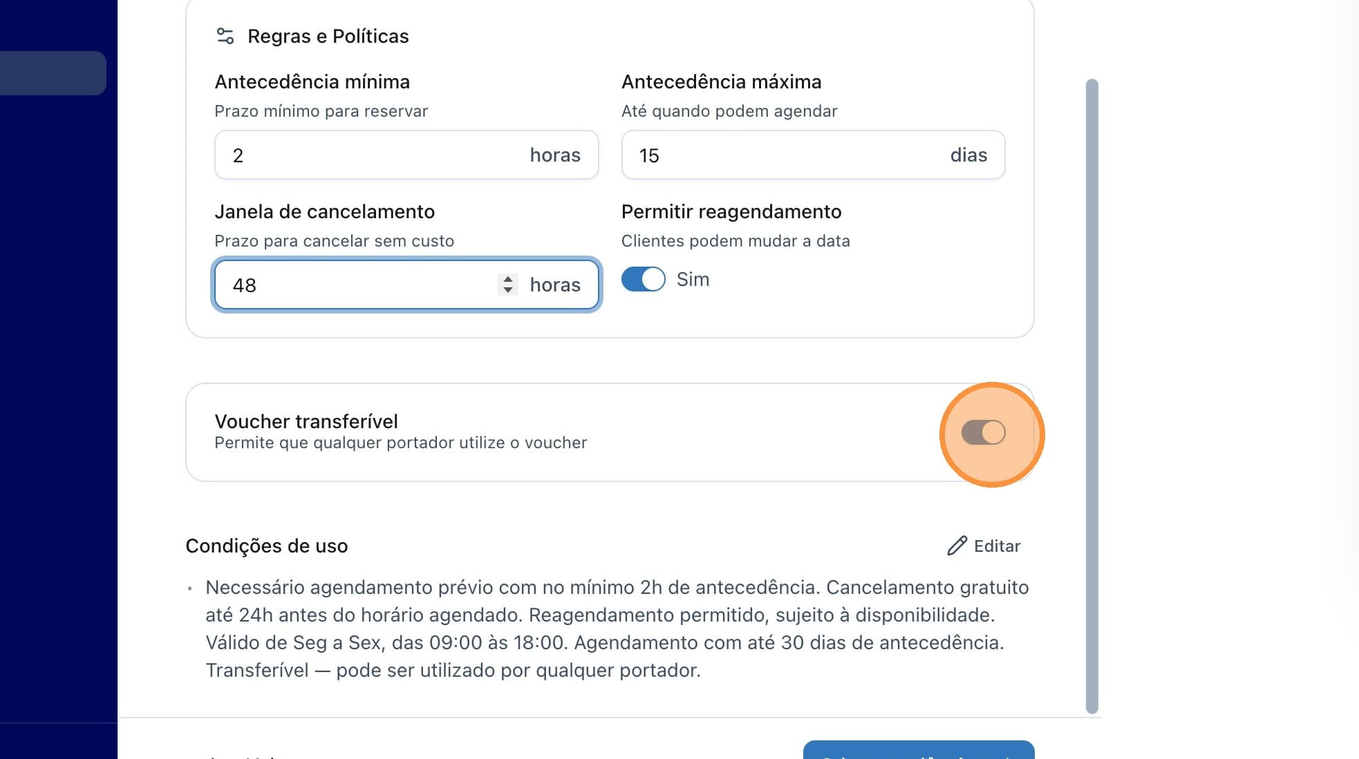 Campos de regras e políticas de cancelamento