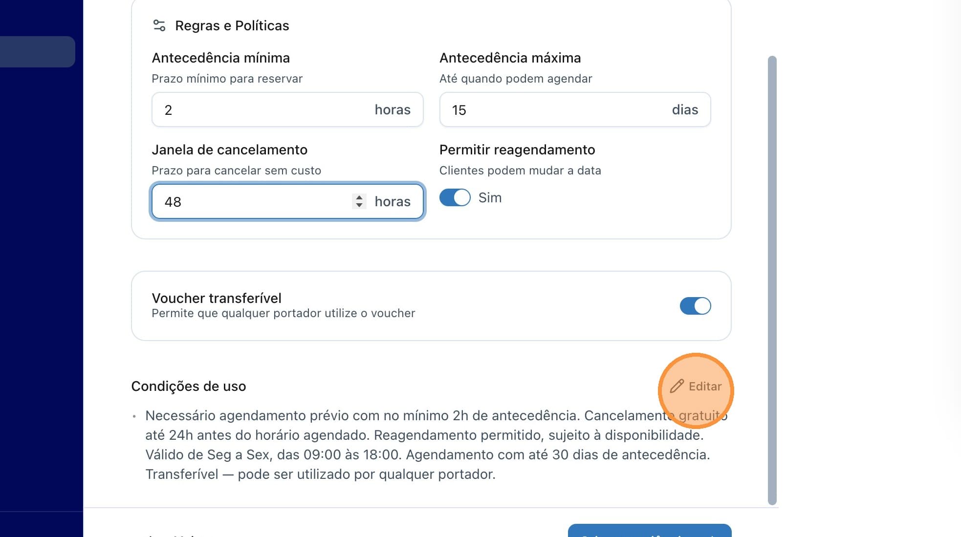 Configuração de voucher transferível