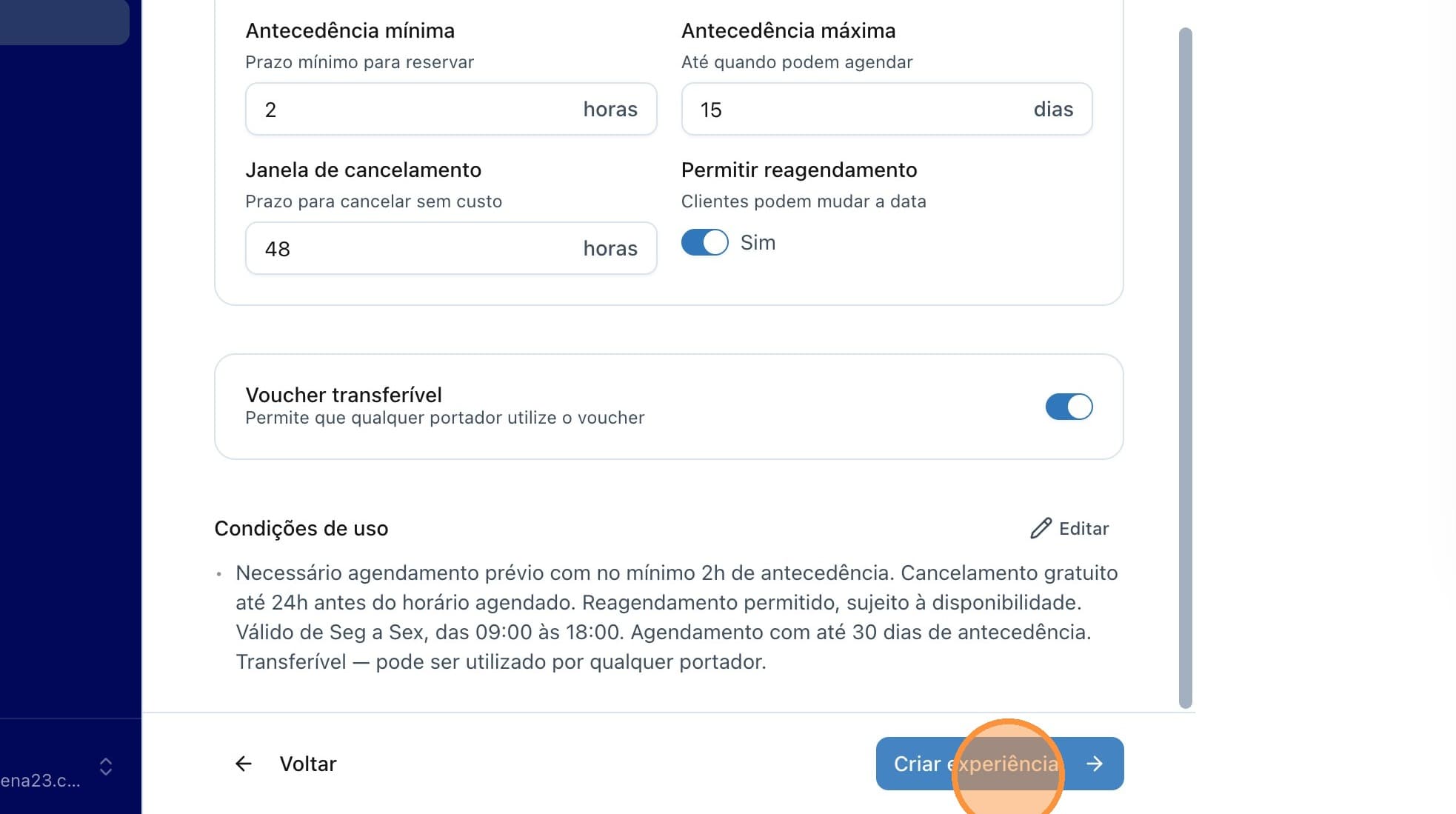 Botão final Criar Experiência