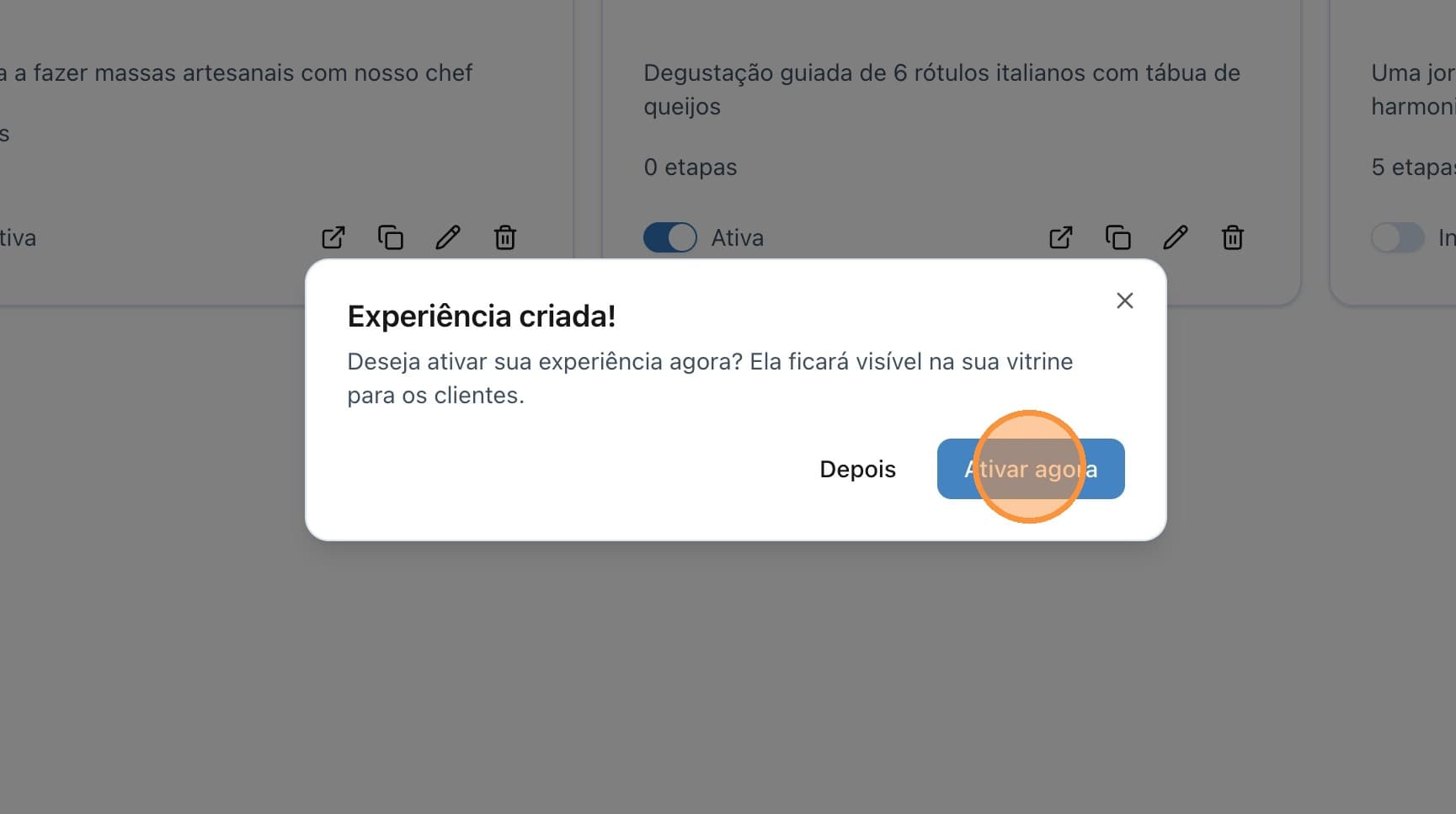 Pop-up de confirmação de ativação