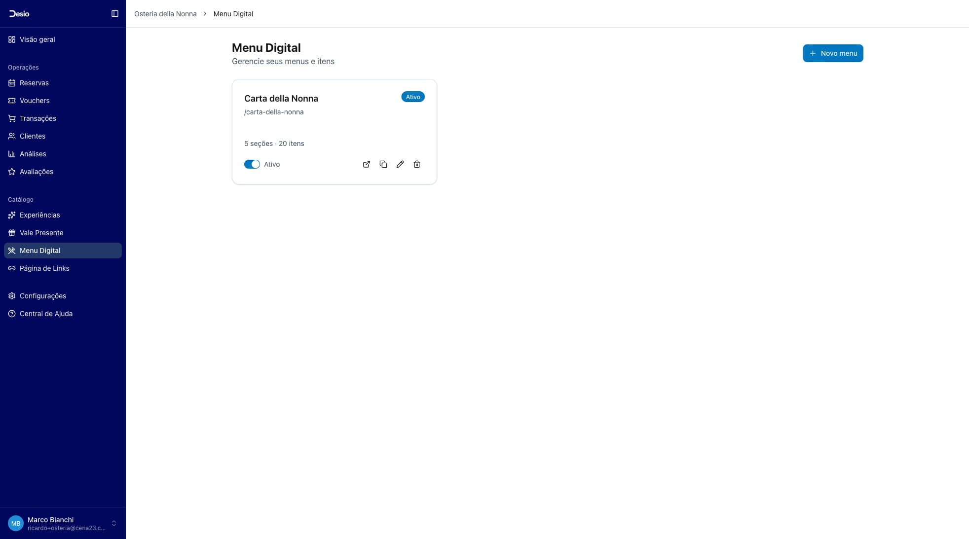Lista de menus com card "Carta della Nonna" mostrando 5 seções e 20 itens