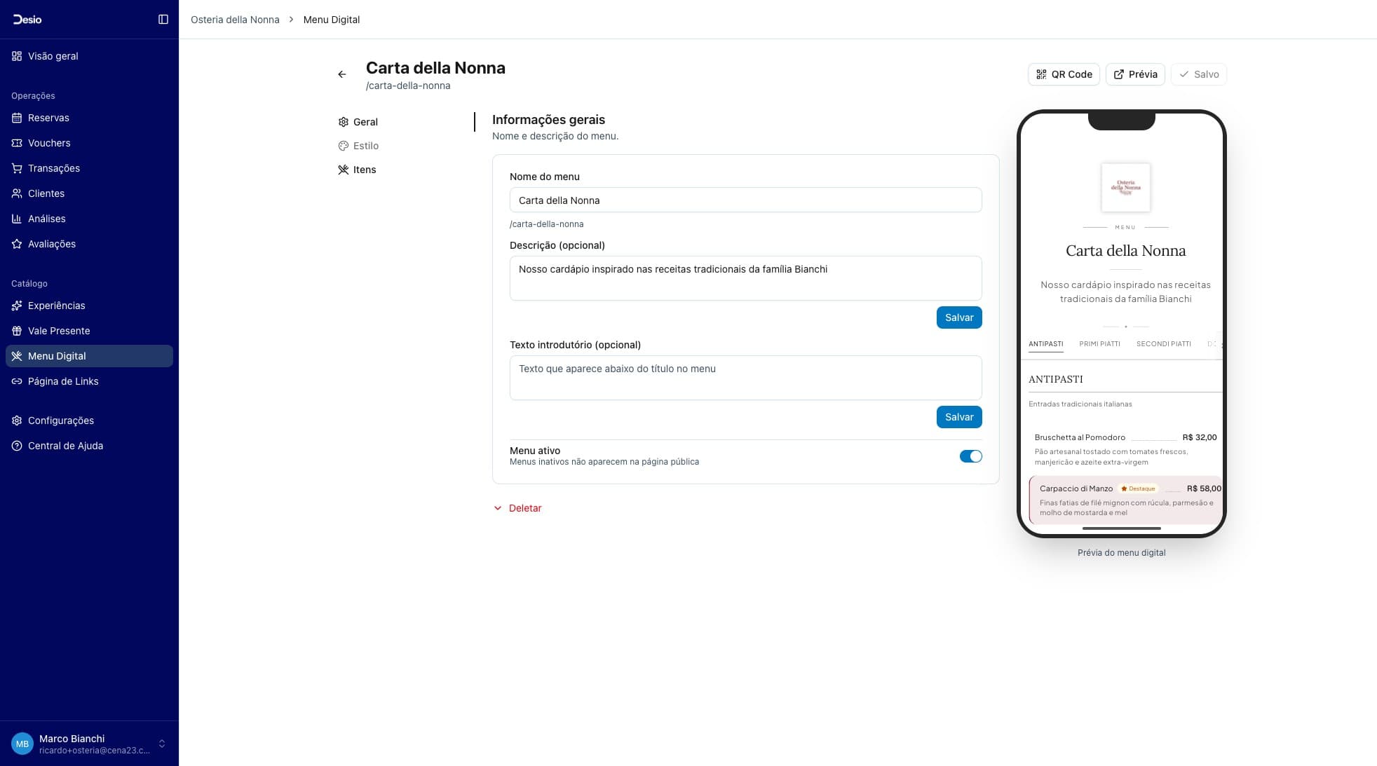 Aba Geral com nome, slug, descrição, texto introdutório e toggle de status