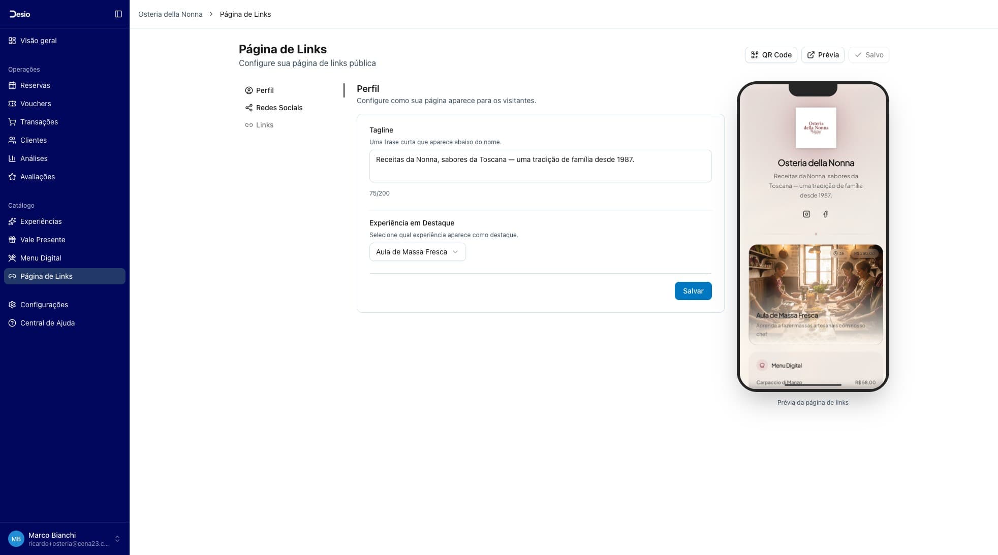 Aba Perfil com tagline, experiência em destaque e prévia do celular
