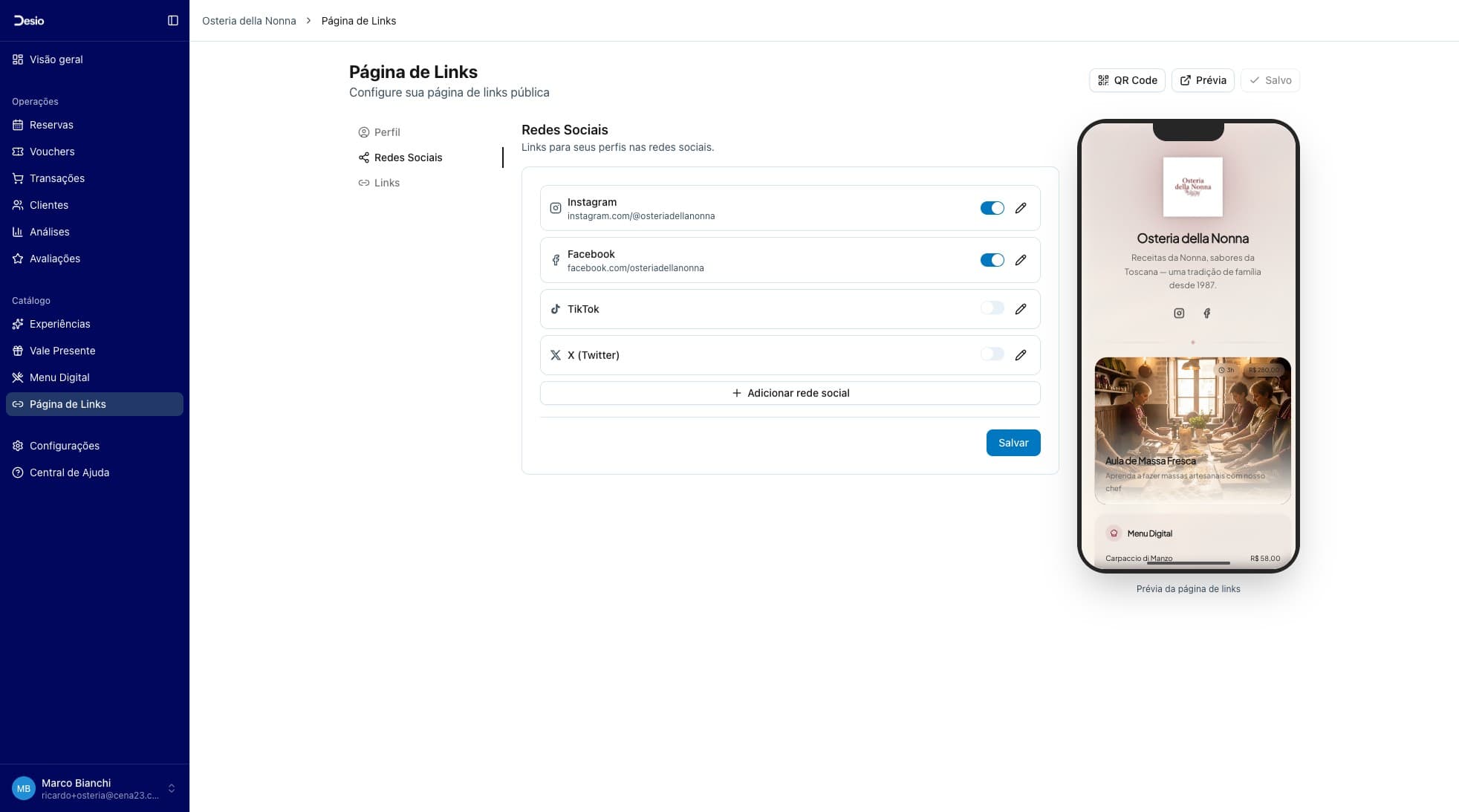 Aba Redes Sociais com Instagram, Facebook, TikTok e X (Twitter) configurados