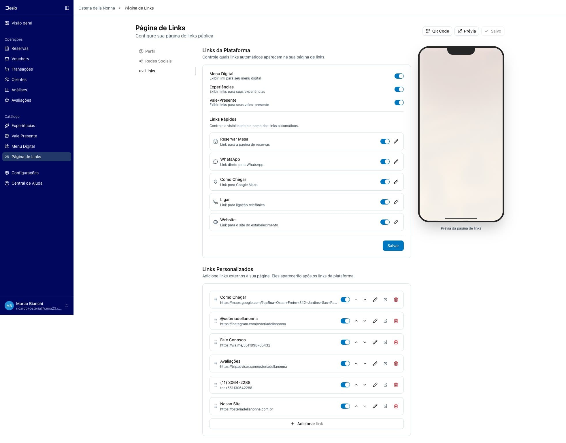 Aba Links com Links da Plataforma, Links Rápidos e Links Personalizados