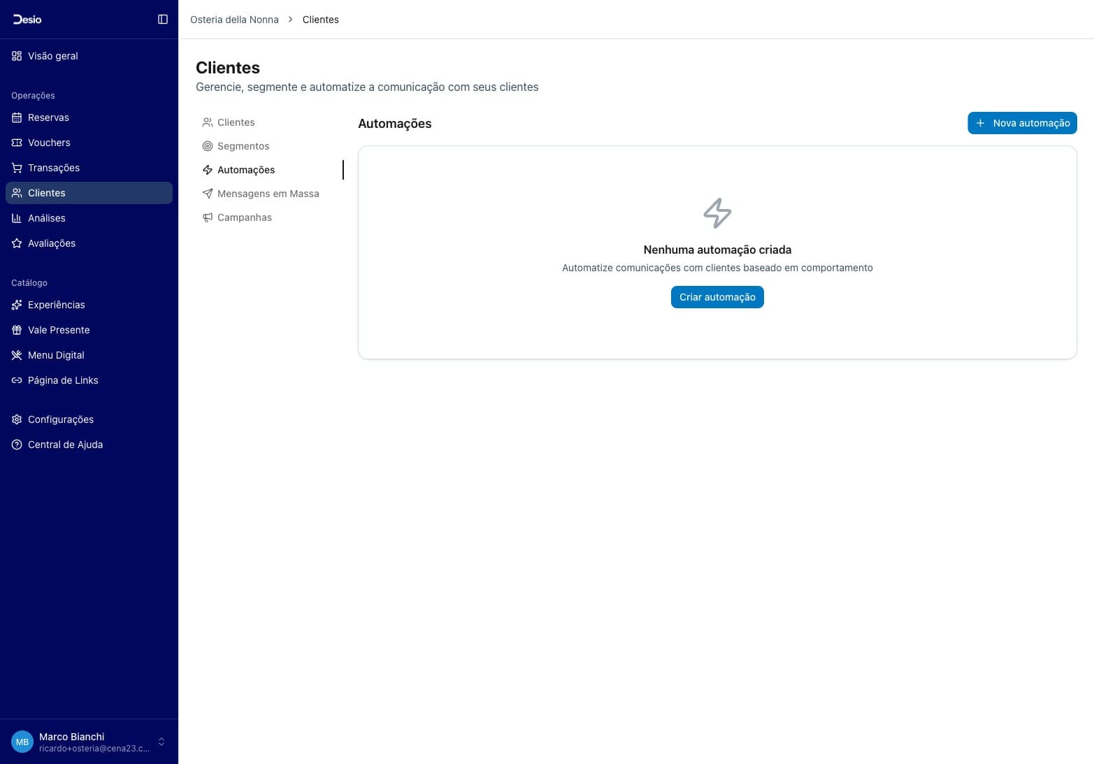Página de Automações com estado vazio e botão Nova automação