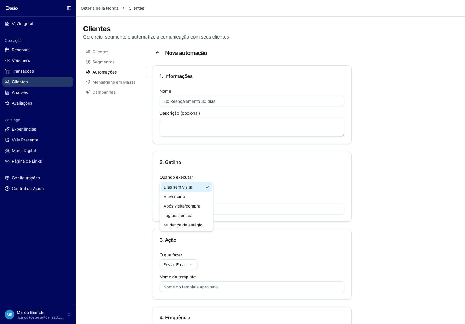 Dropdown de gatilho com opções: Dias sem visita, Aniversário, Após visita/compra, Tag adicionada, Mudança de estágio