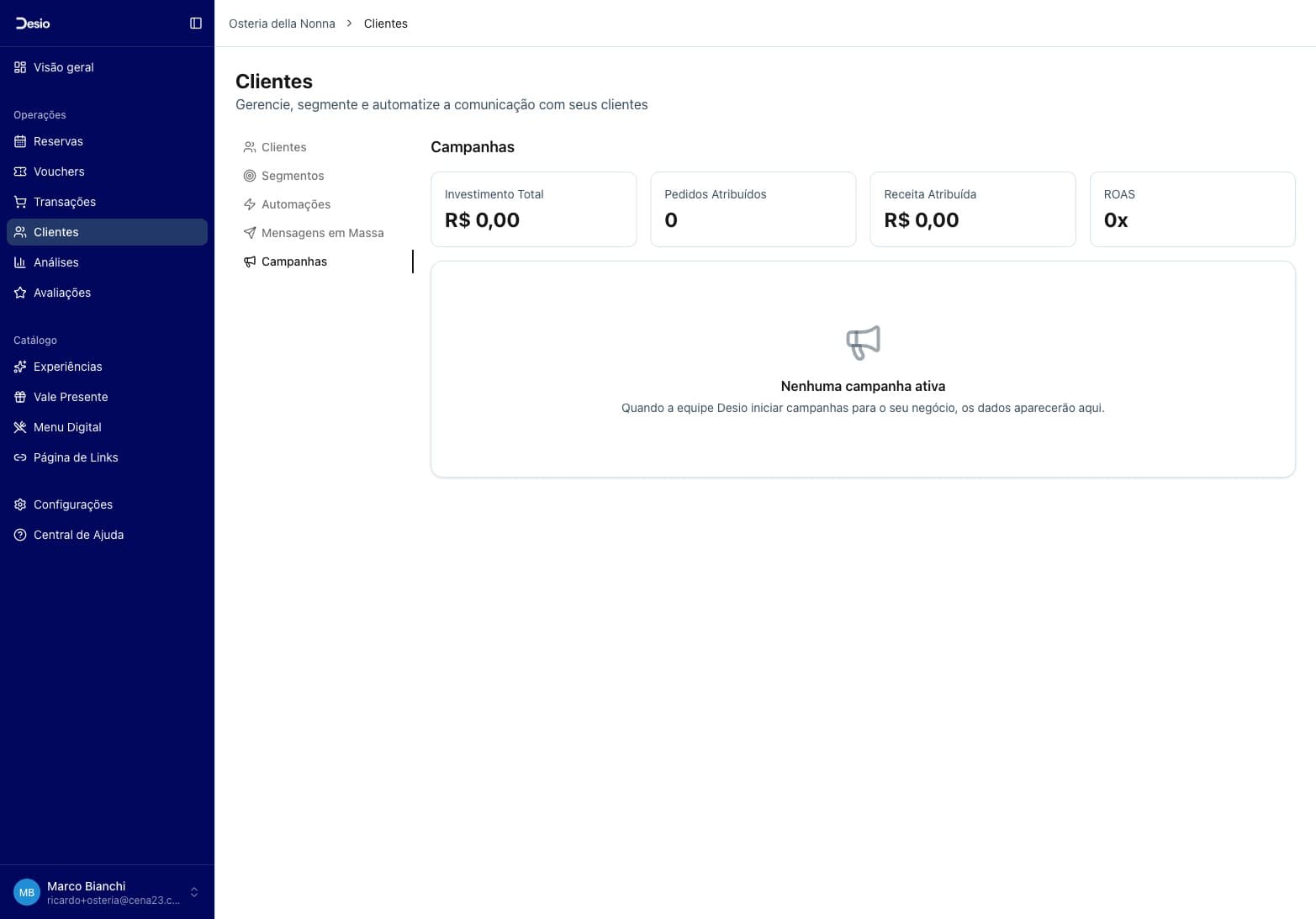 Página de Campanhas com métricas de Investimento Total, Pedidos Atribuídos, Receita Atribuída e ROAS