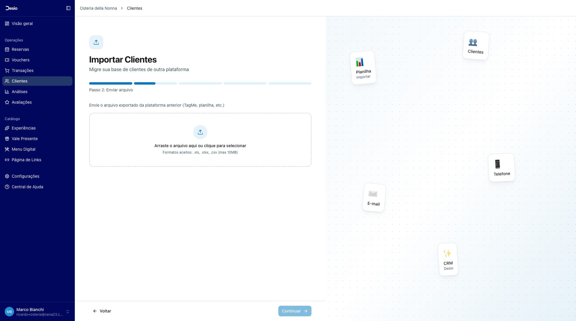 Passo 2 com área de upload aceitando .xls, .xlsx e .csv até 10MB