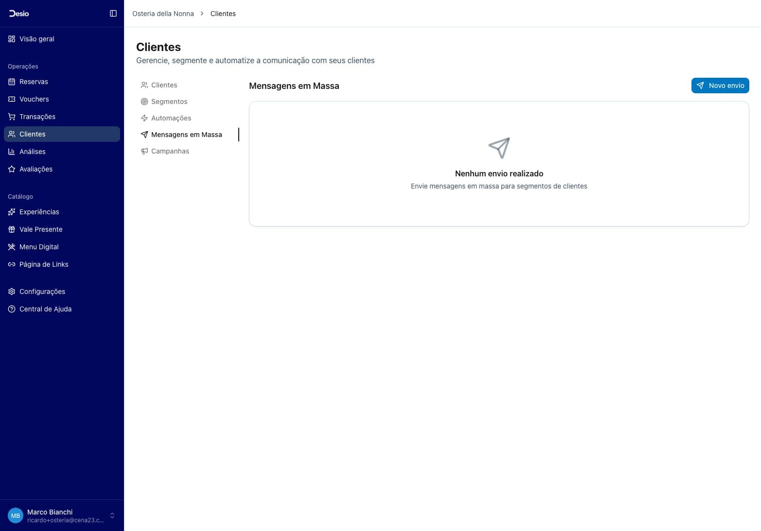 Página de Mensagens com estado vazio e botão Novo envio