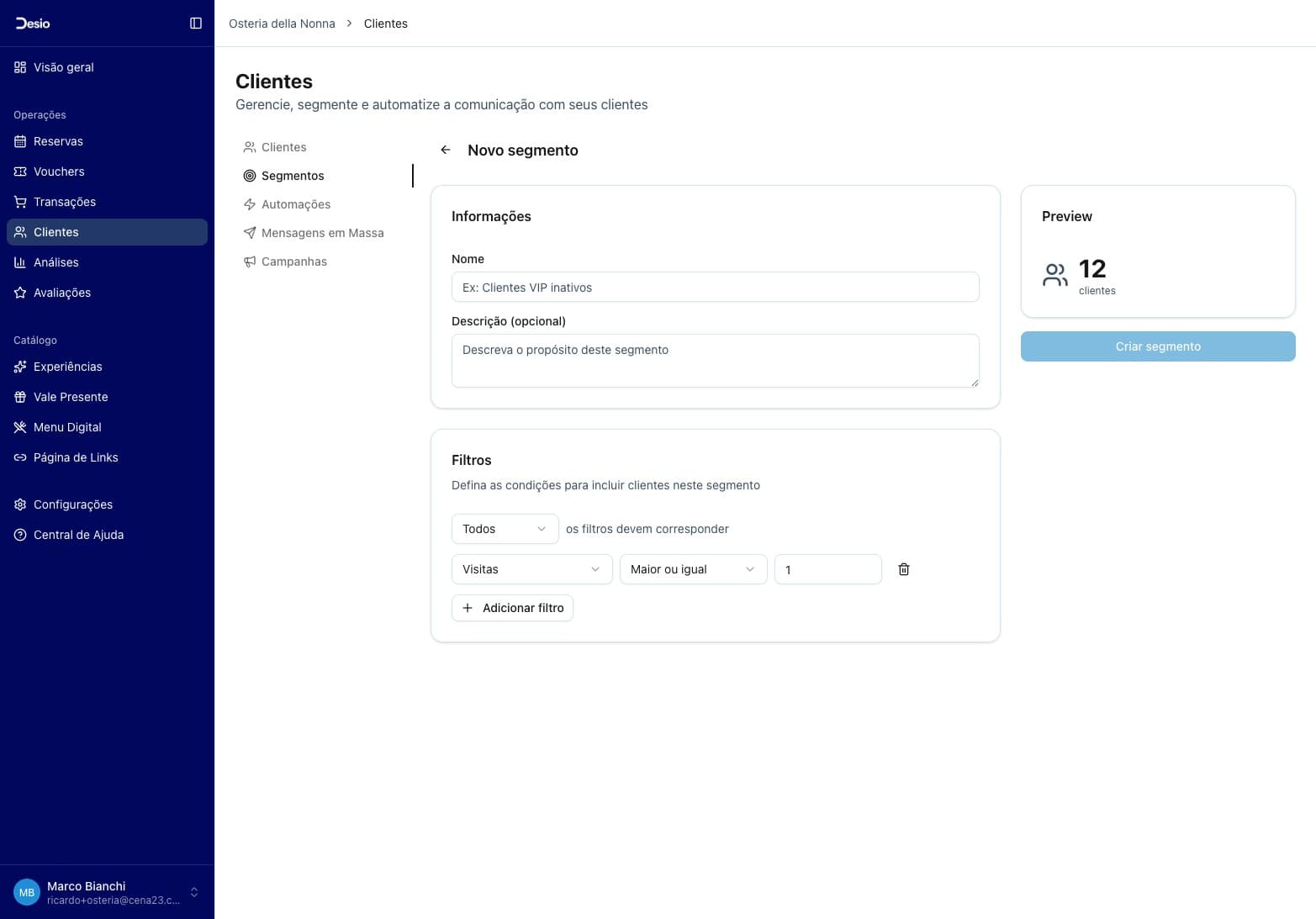 Filtro de Visitas com valor mínimo 1 e preview mostrando 12 clientes