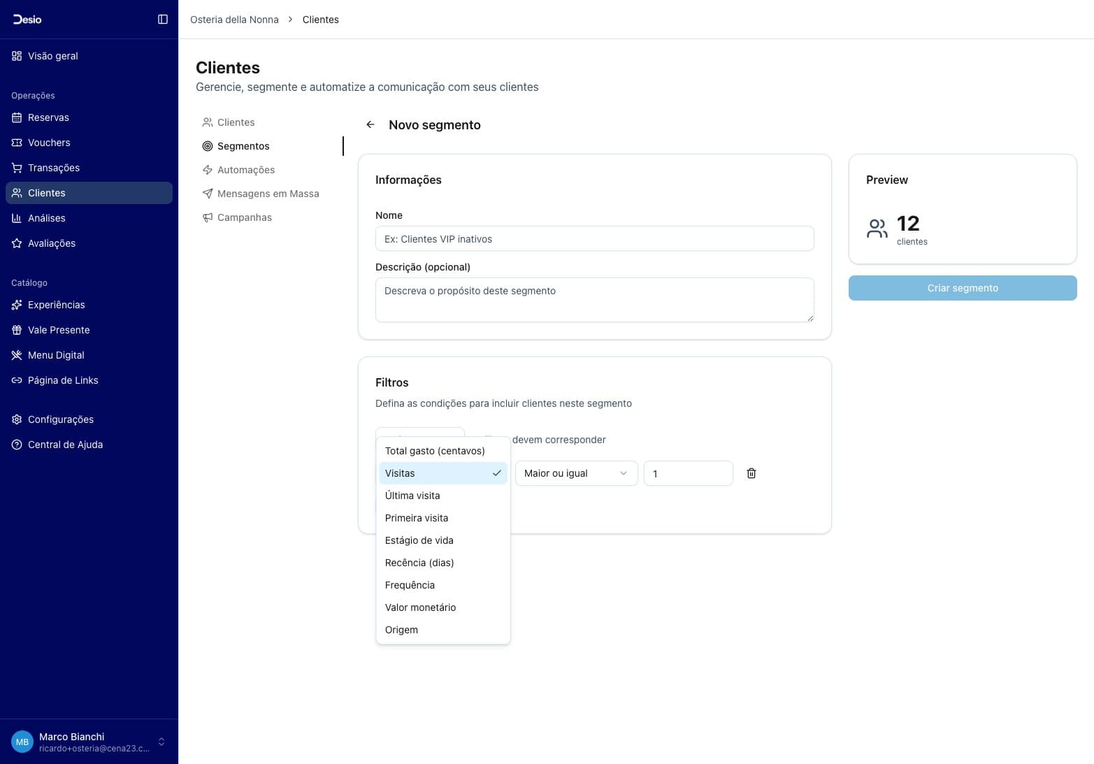 Dropdown de tipo de filtro com todas as opções disponíveis