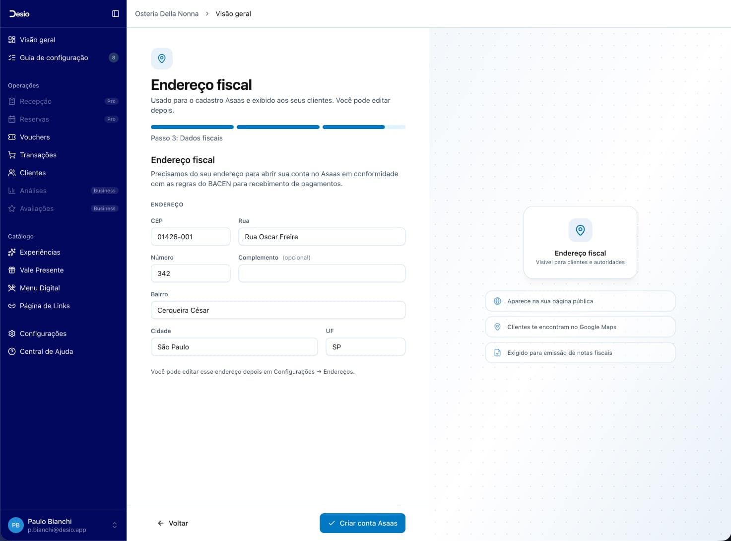 Formulário de endereço fiscal preenchido