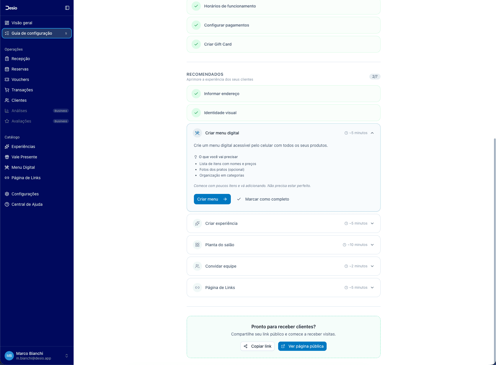 Card "Criar menu digital" expandido no Guia de configuração