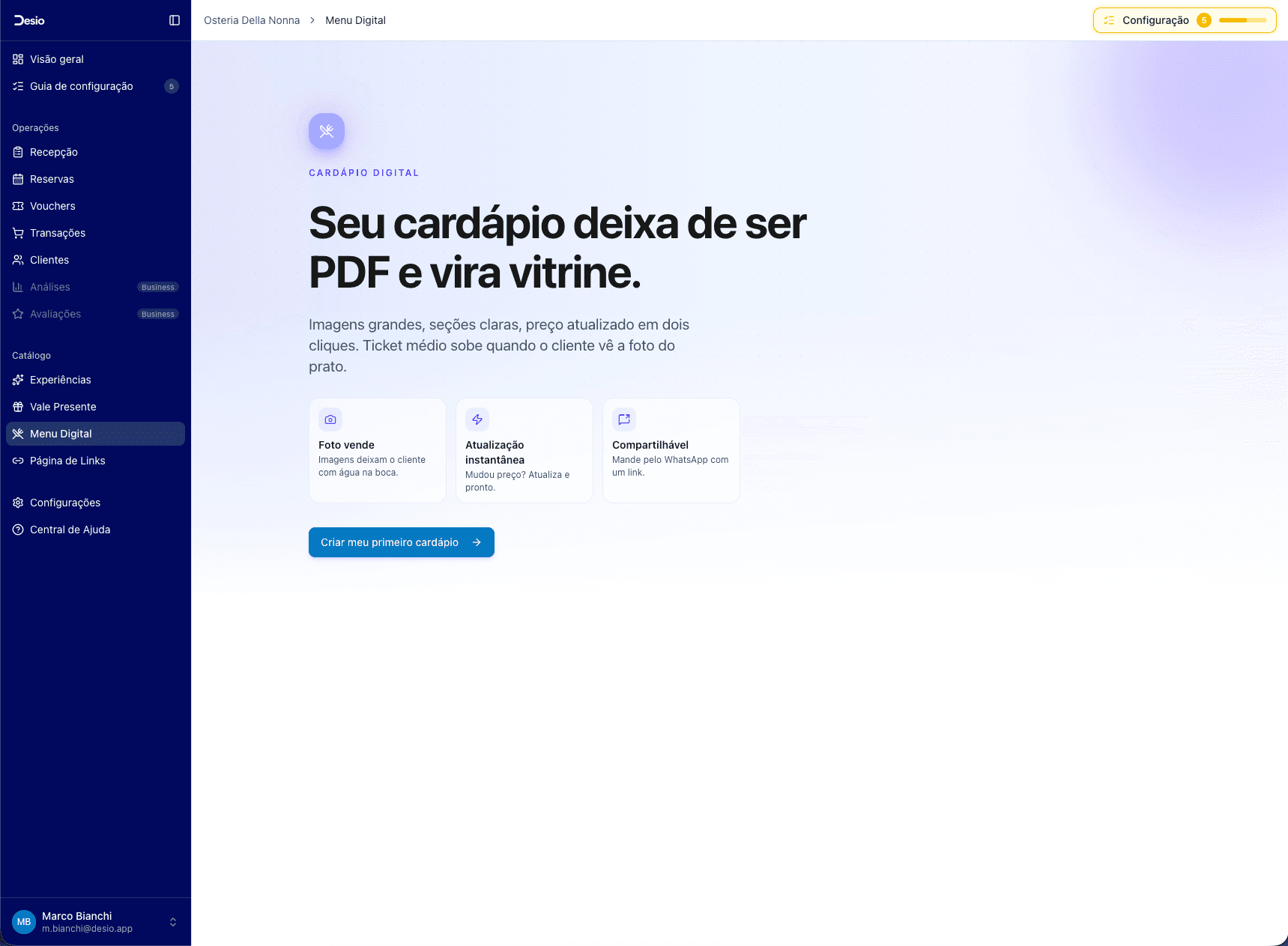Splash do Menu Digital com o botão "Criar meu primeiro cardápio"