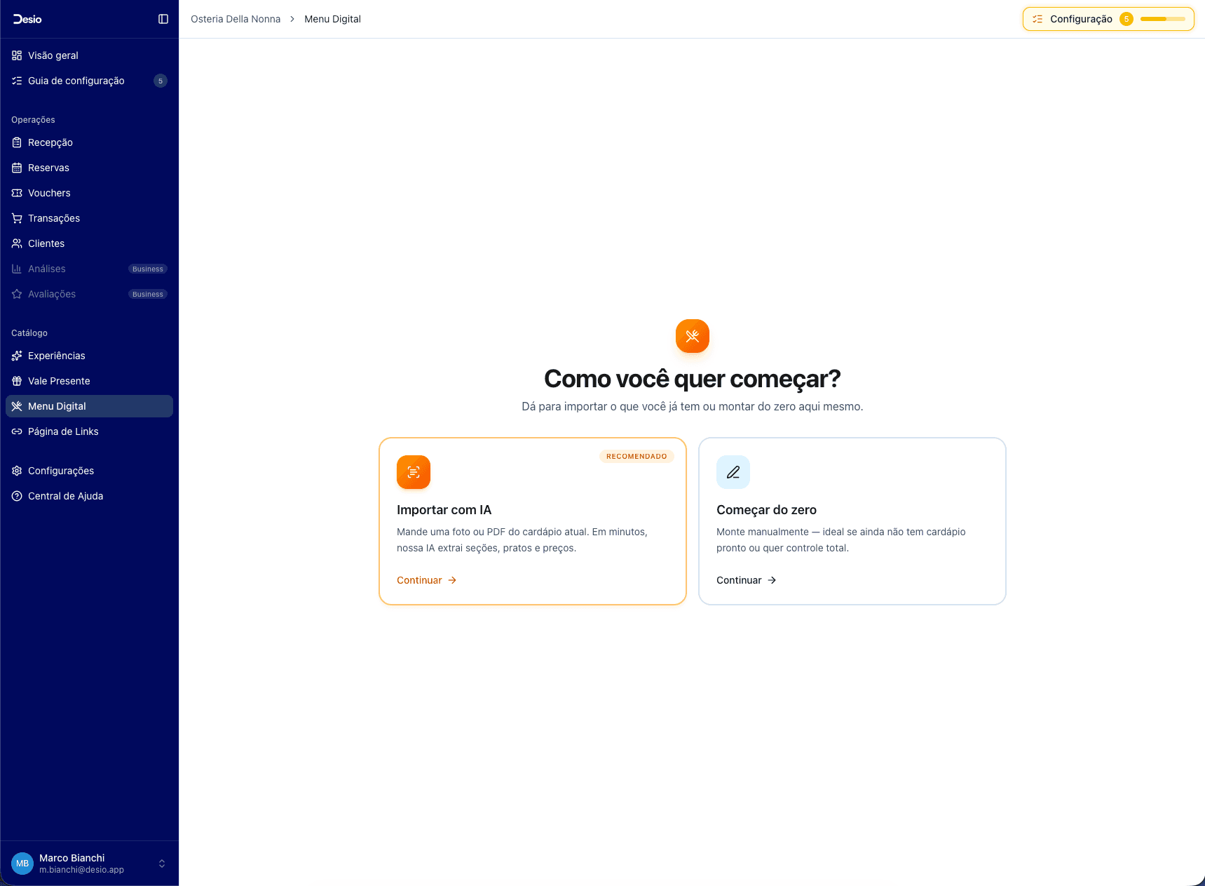 Tela "Como você quer começar?" com as duas opções