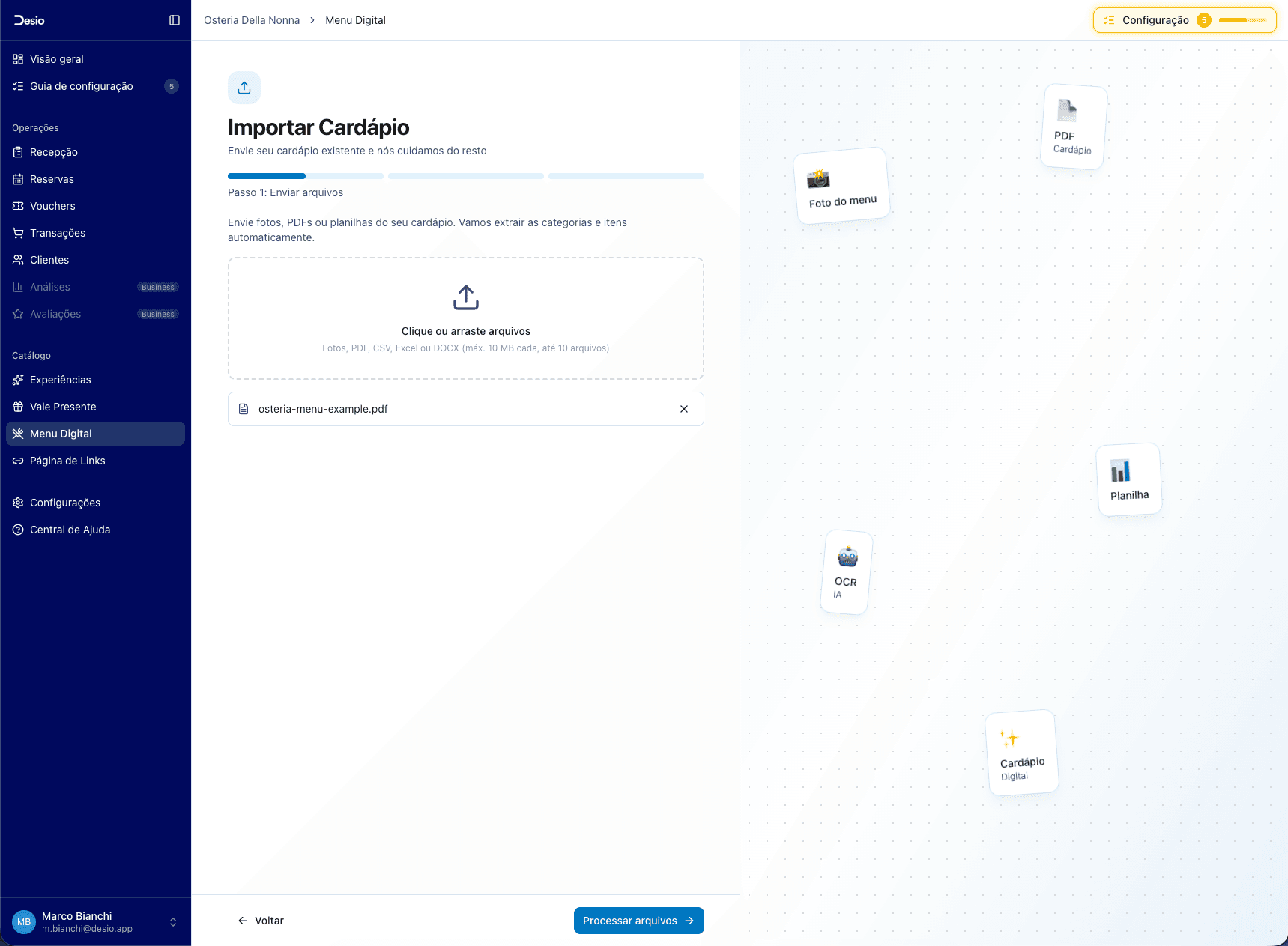 Upload do cardápio com drag-and-drop e PDF anexado