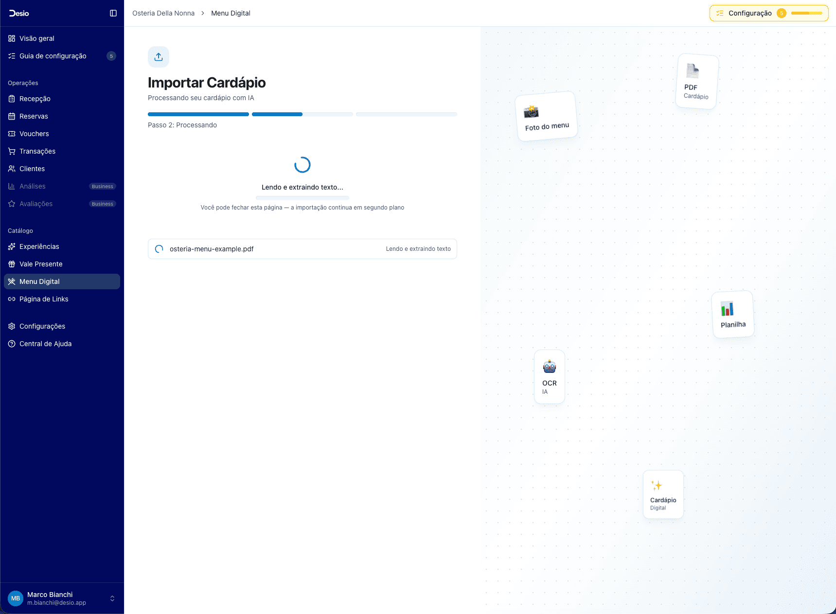 Tela de processamento: "Lendo e extraindo texto..."