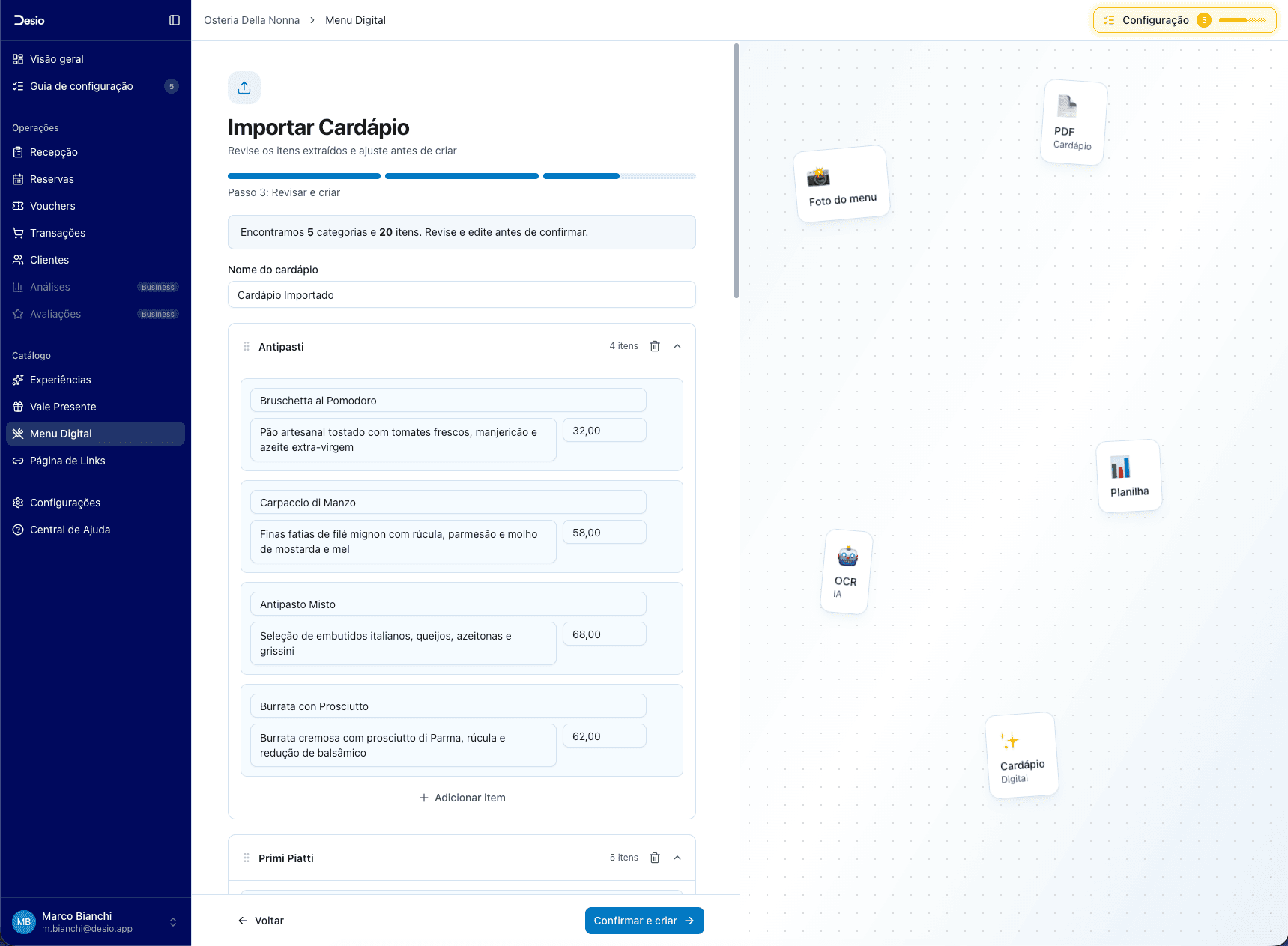 Revisão de categorias e itens com nomes e preços extraídos