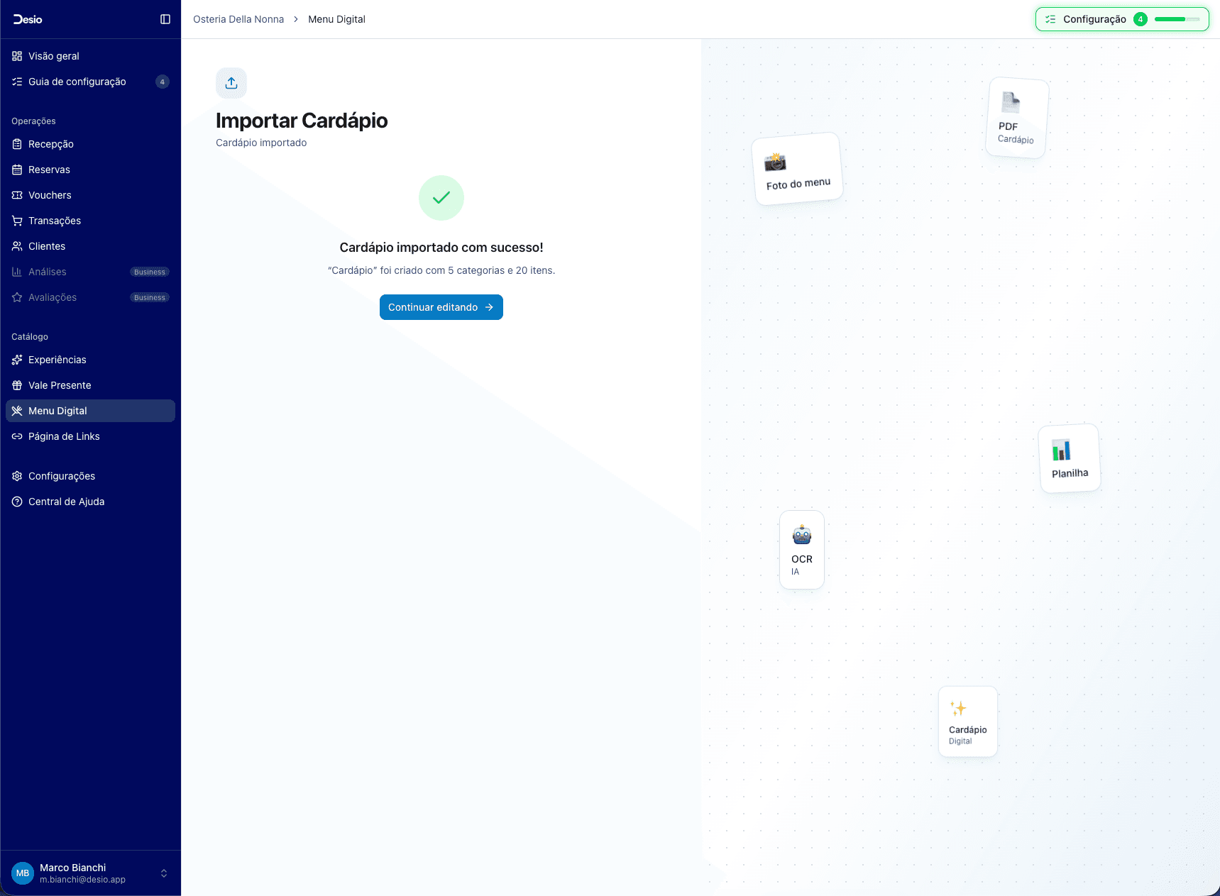 Confirmação de cardápio importado com sucesso