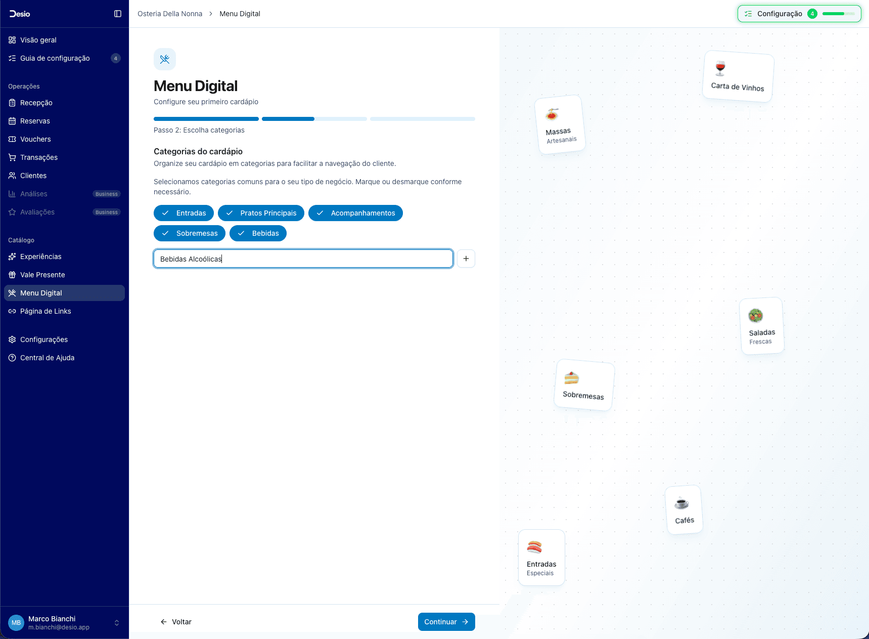 Passo 2: seleção de categorias com chips e campo para categoria customizada