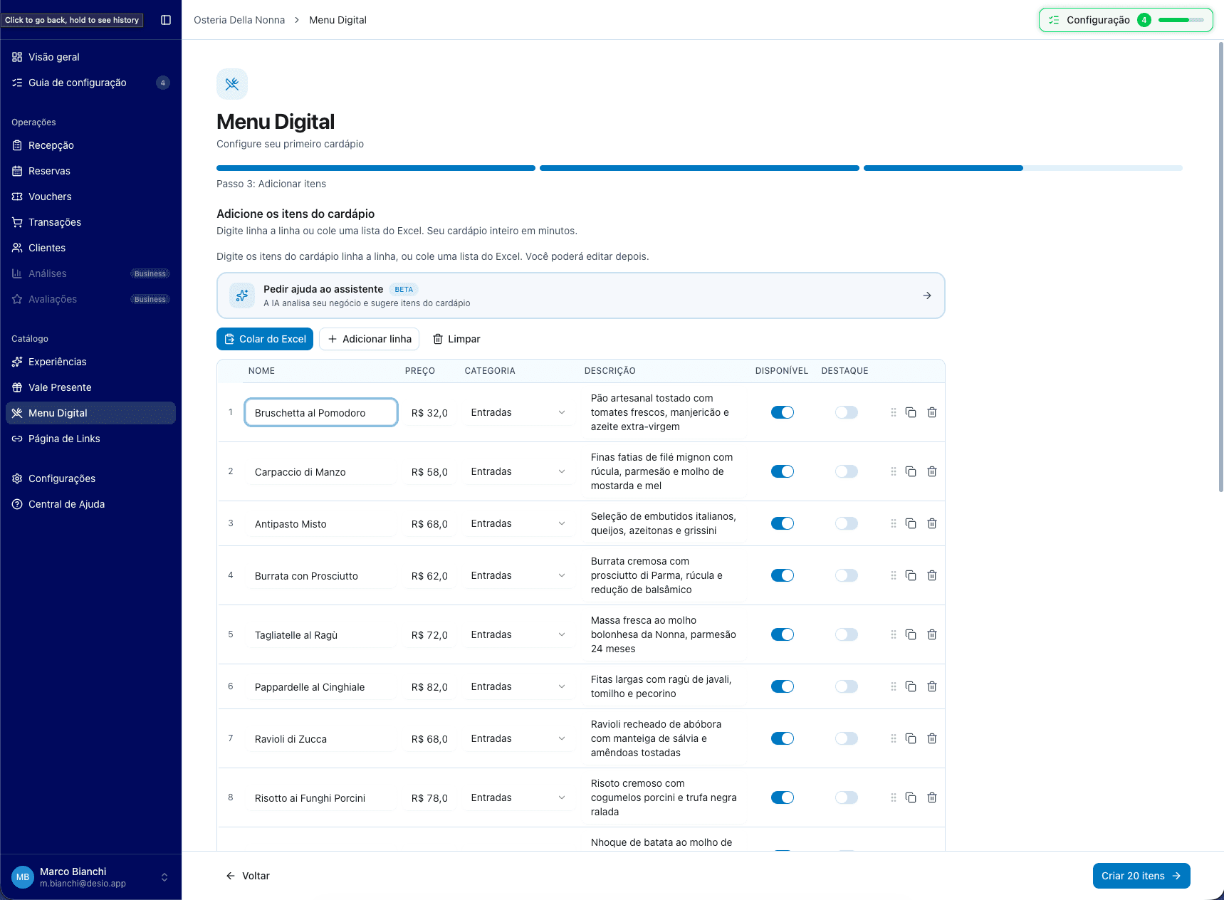 Passo 3: tabela de itens com botões "Colar do Excel" e "Adicionar linha"