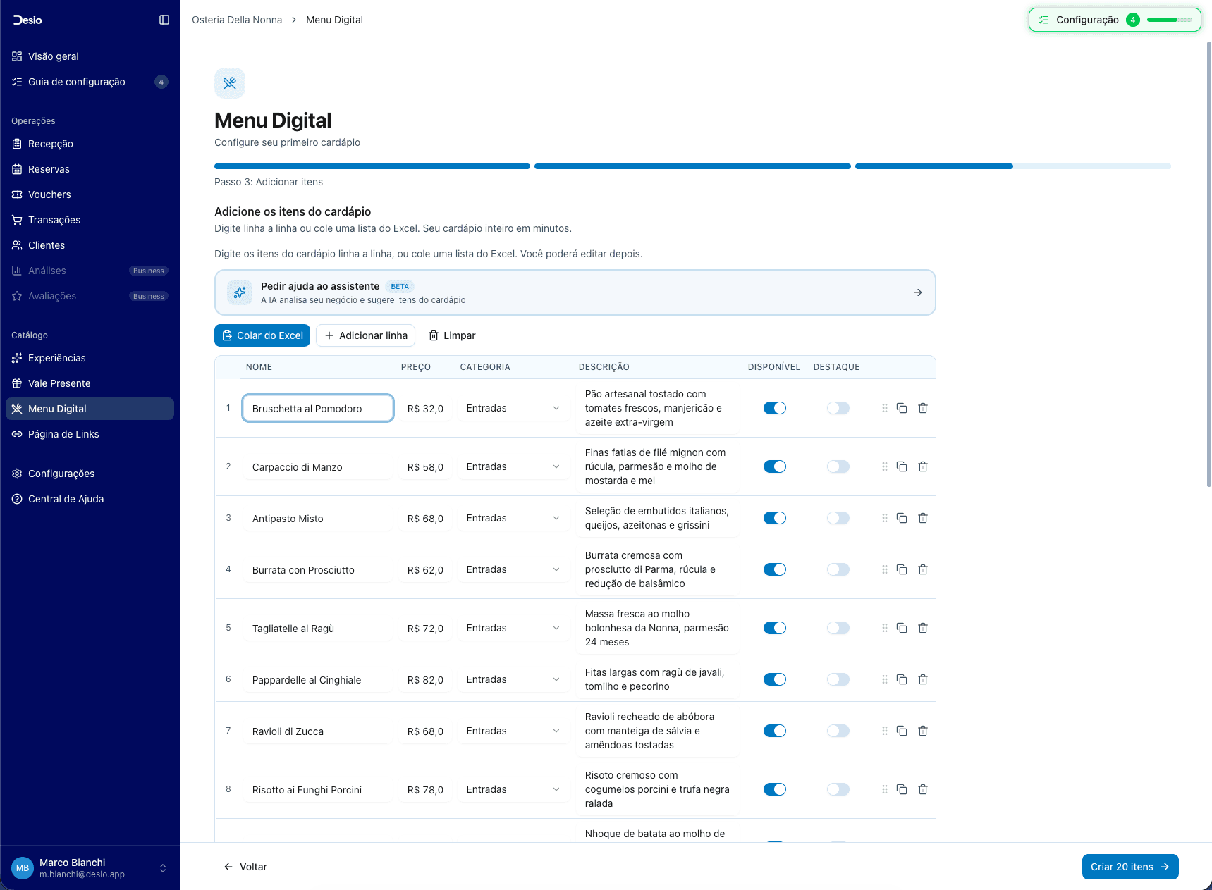 Revisão da tabela com linha selecionada em destaque