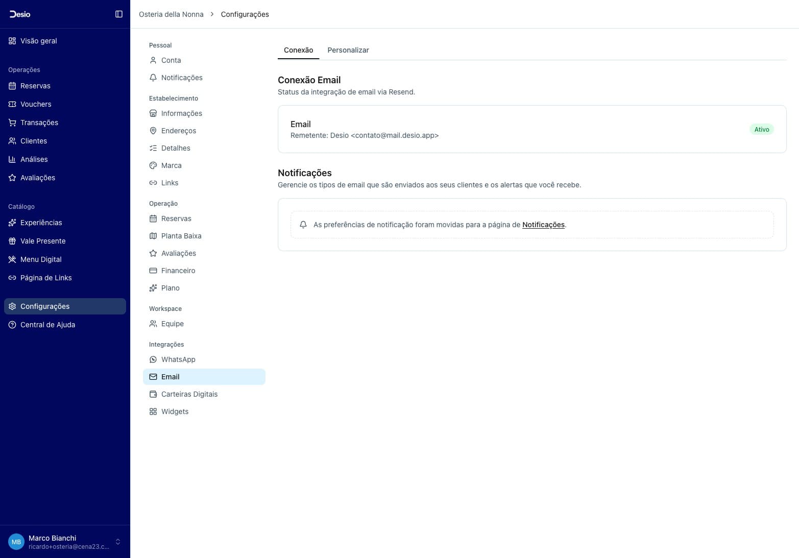 Página de Conexão Email com status Ativo e remetente Desio contato@mail.desio.app