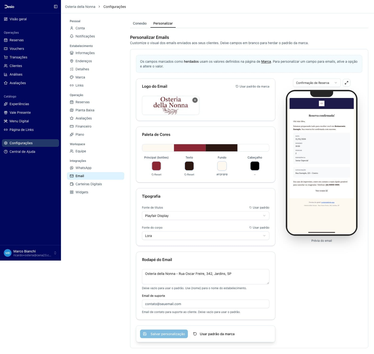 Aba Personalizar com Logo do Email, Paleta de Cores, Tipografia, Rodapé e prévia do email