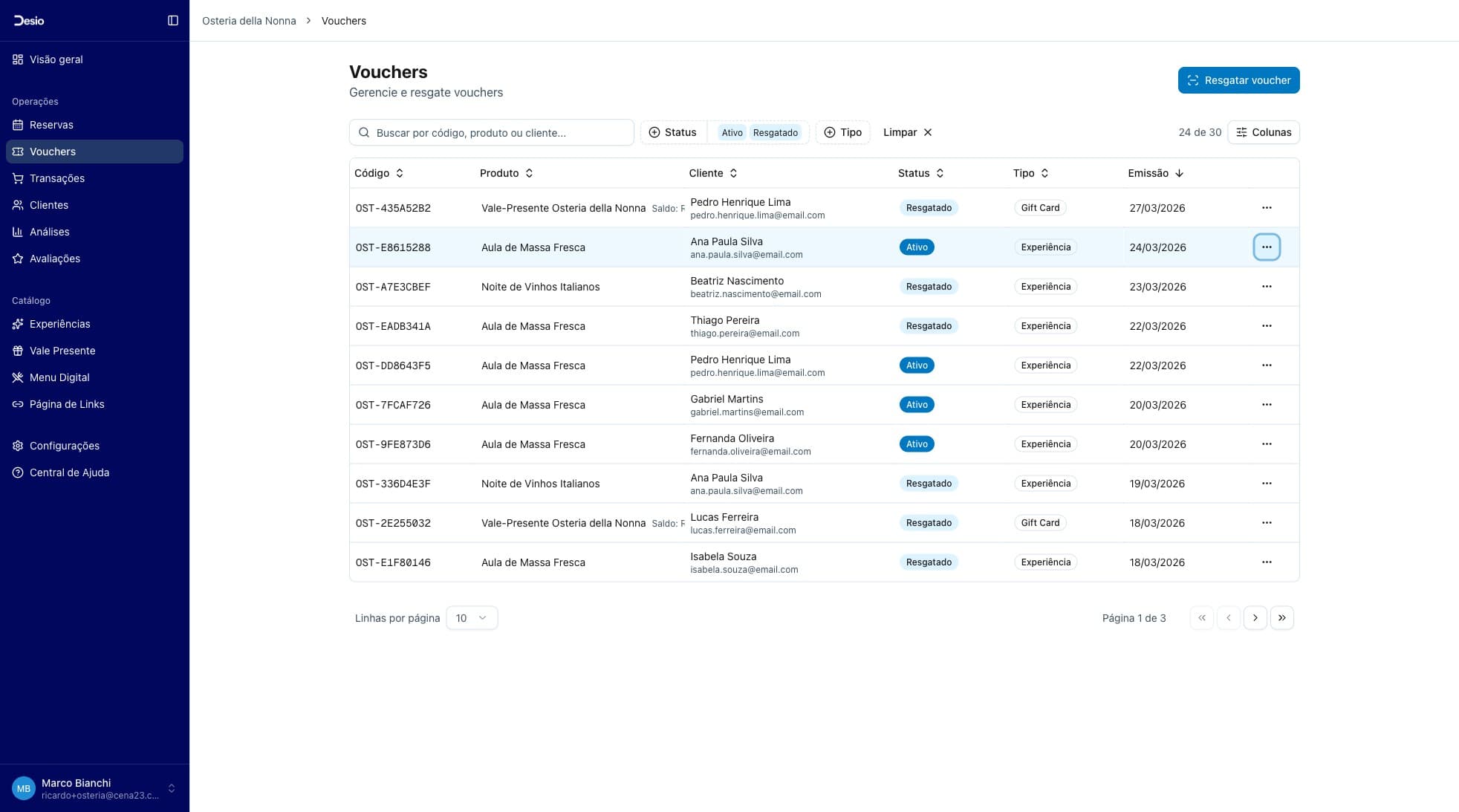 Lista de vouchers com filtros de status e tipo