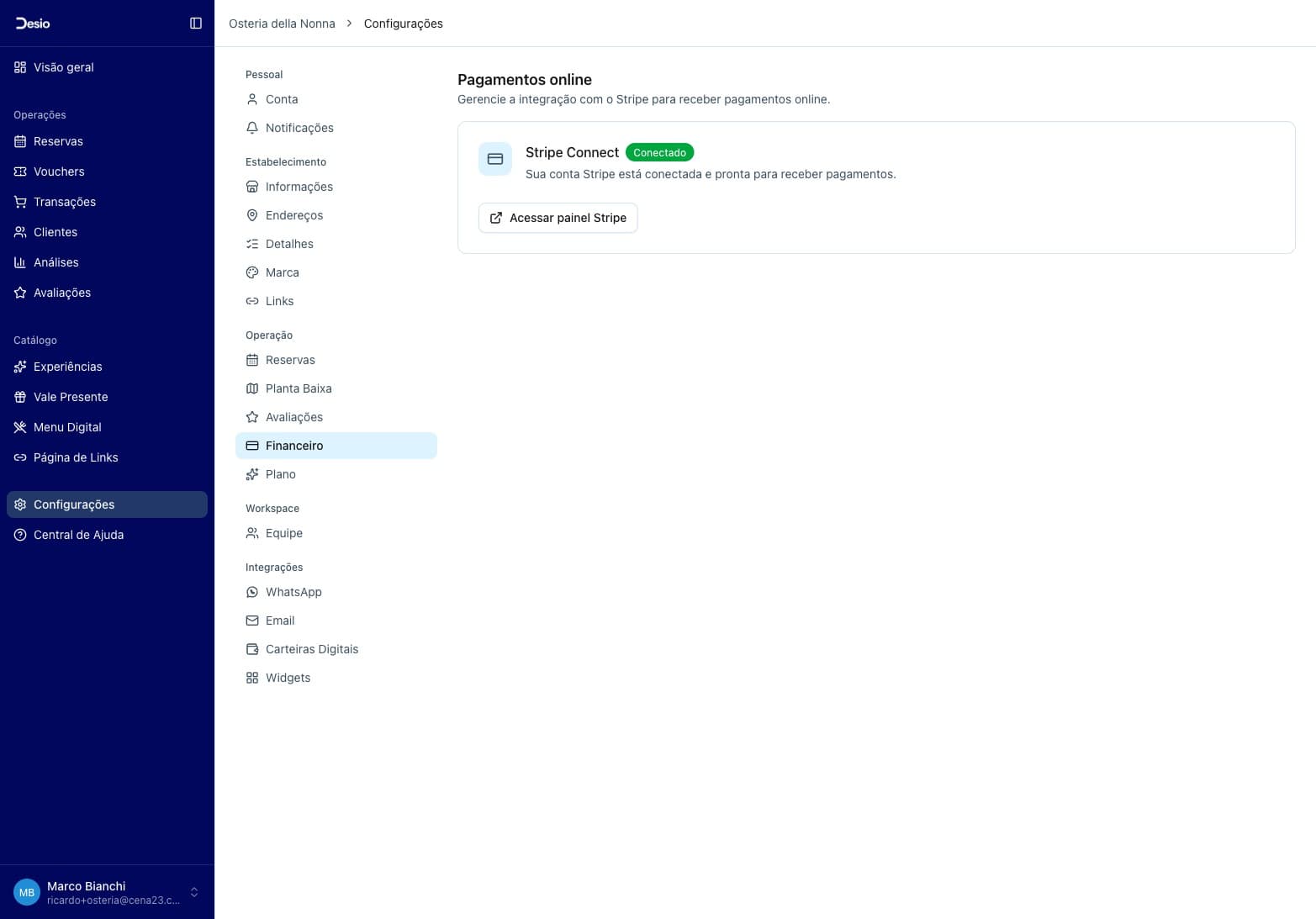 Página de Pagamentos Online com Stripe Connect conectado e botão Acessar painel Stripe