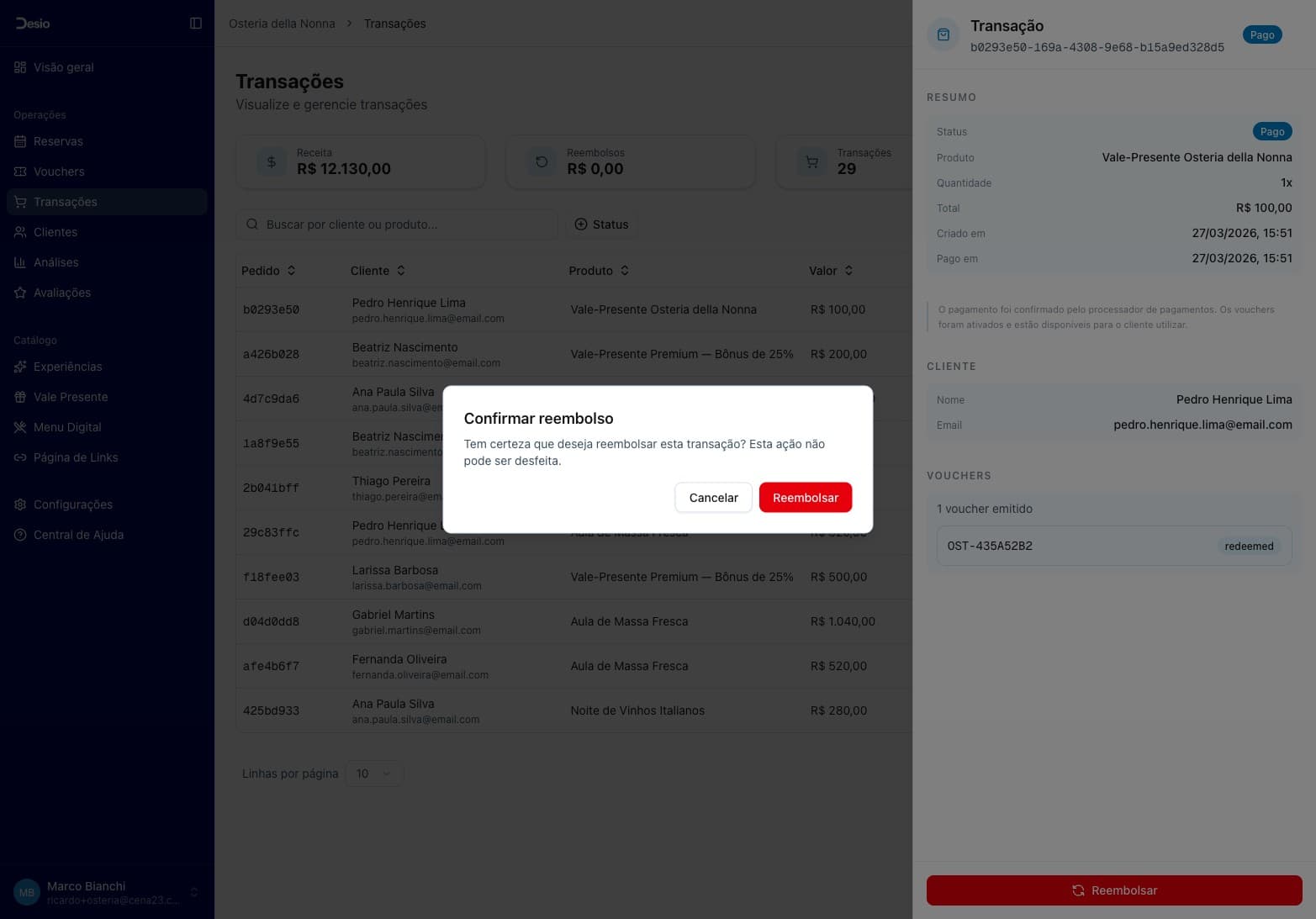 Modal de confirmação "Confirmar reembolso" com aviso que a ação não pode ser desfeita e botões Cancelar e Reembolsar