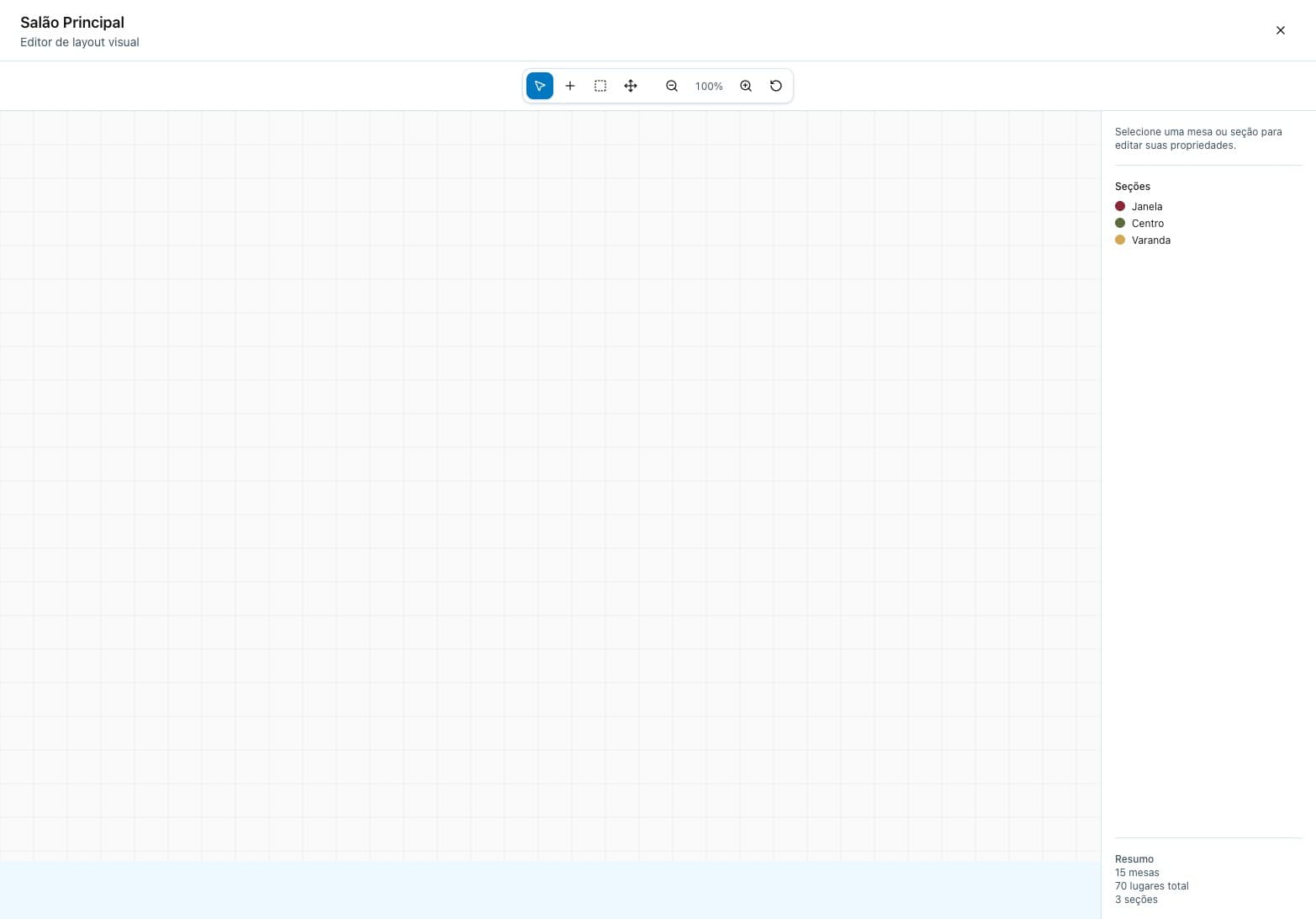 Editor visual da Planta Baixa com grid de canvas, barra de ferramentas e painel lateral com Seções e Resumo