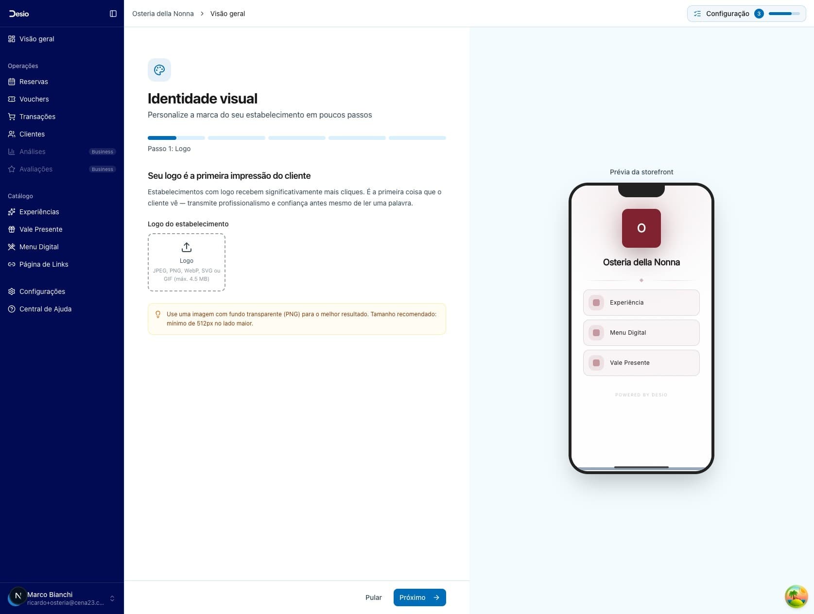 Assistente de Marca — etapa de logo com prévia da storefront