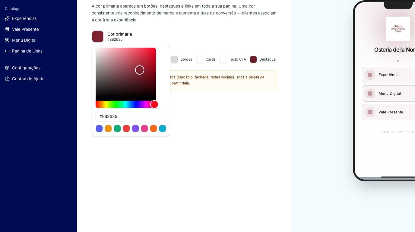 Seletor de cor com paleta e campo hexadecimal