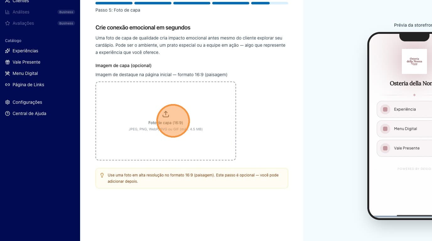 Upload da foto de capa no formato 16:9