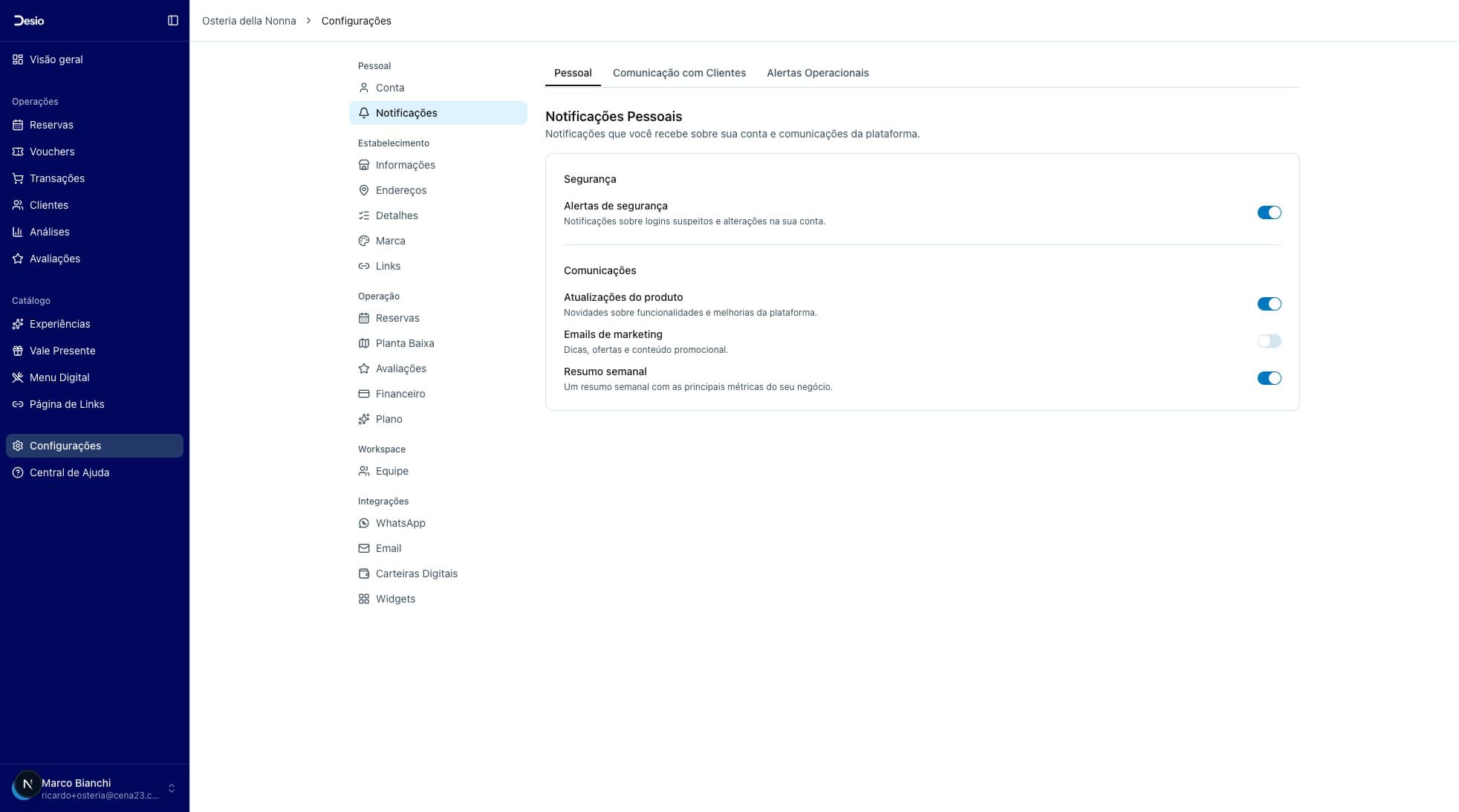 Aba Pessoal com toggles de segurança e comunicações