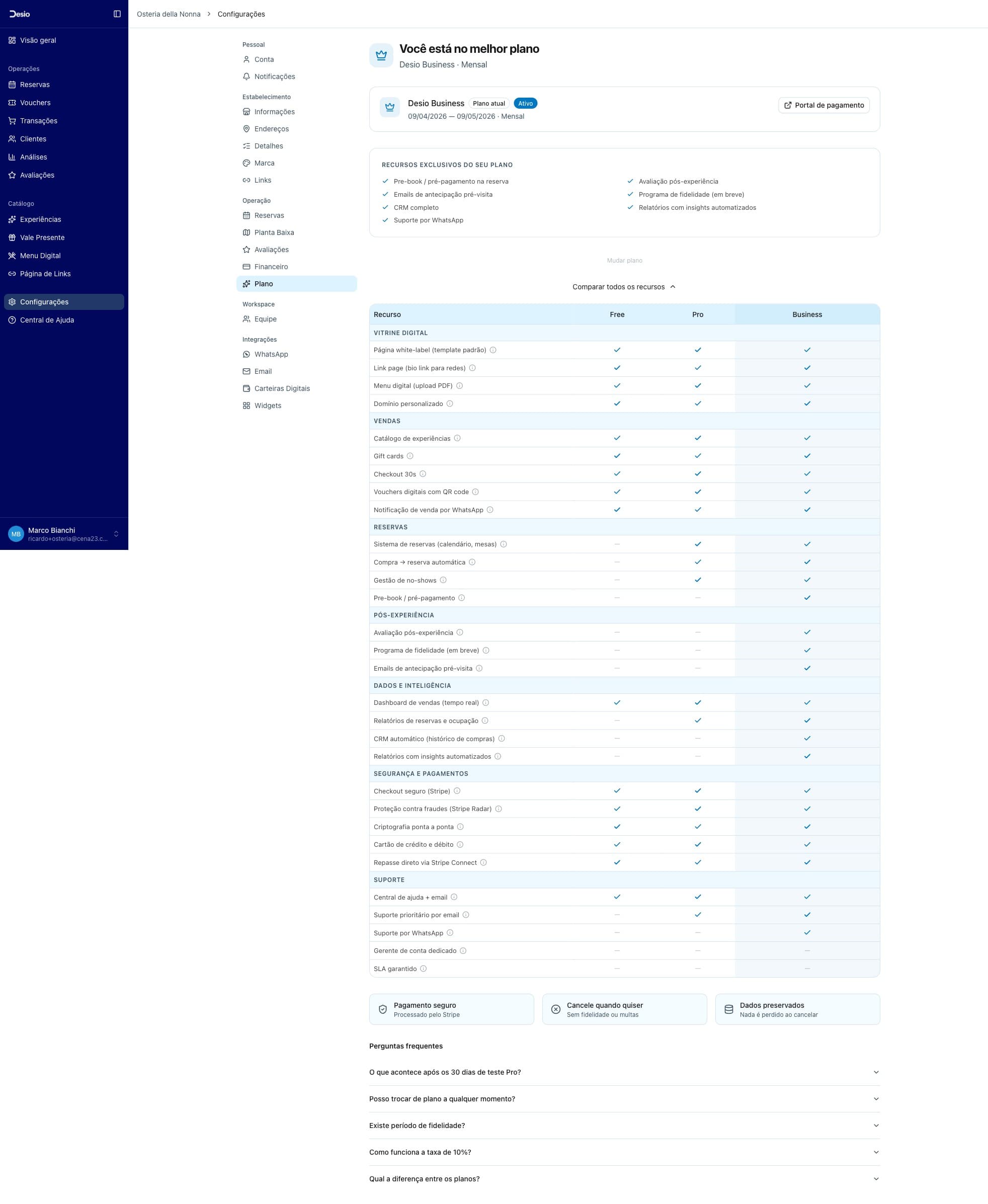 Tabela comparativa de recursos entre os planos Free, Pro e Business