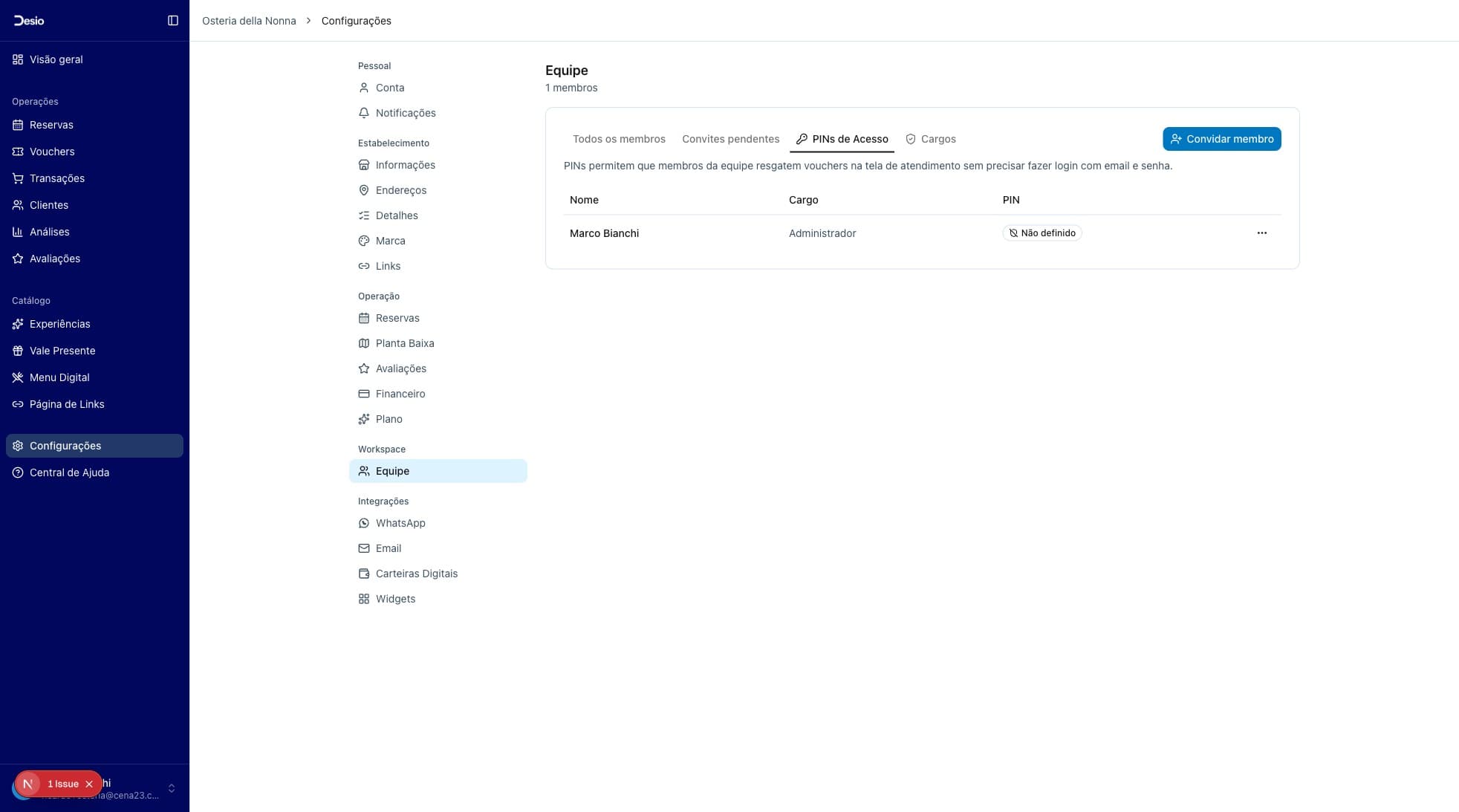 Aba PINs de Acesso com lista de membros e status do PIN