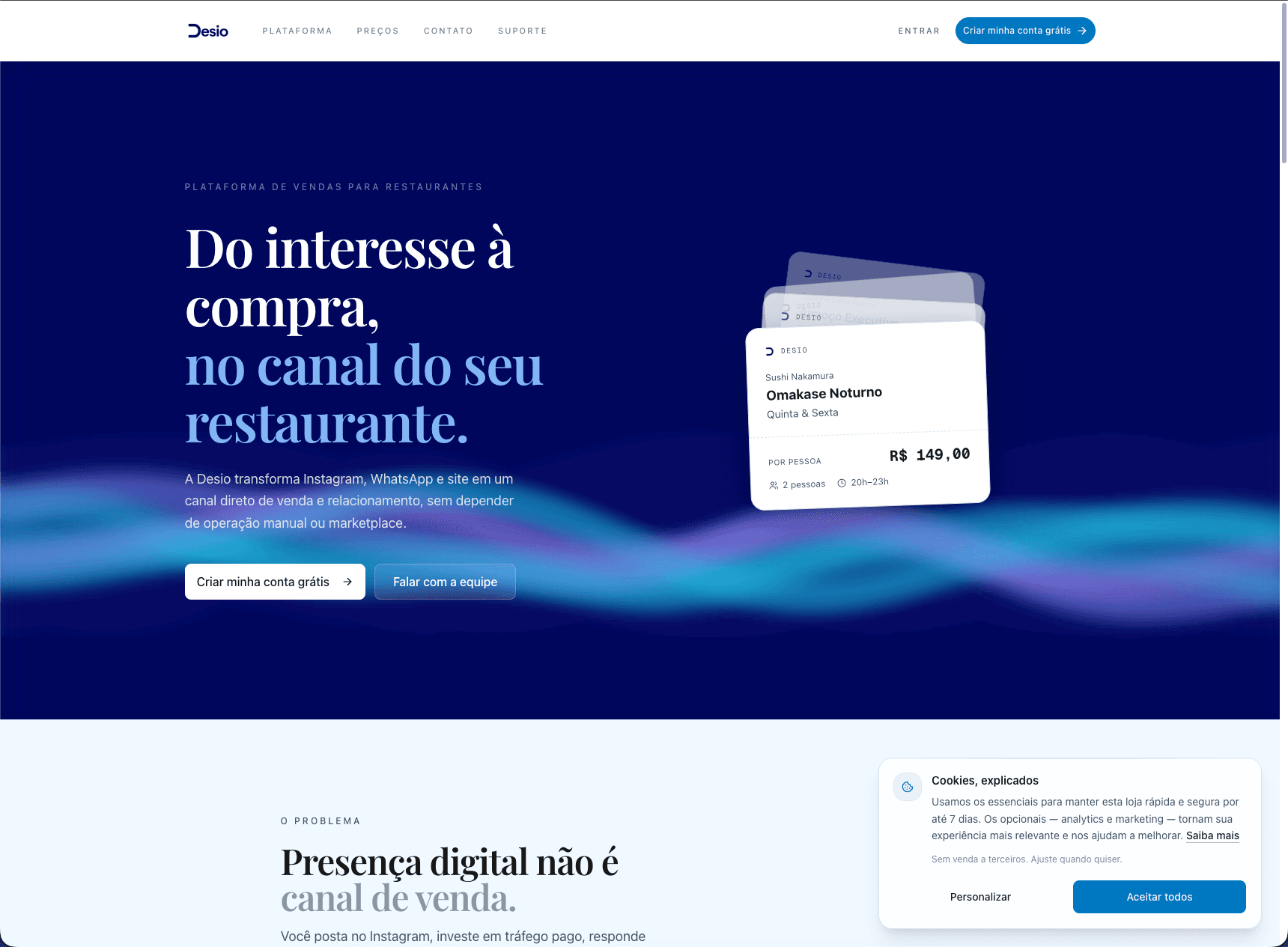 Página inicial do Desio com os dois botões de cadastro e o banner de cookies