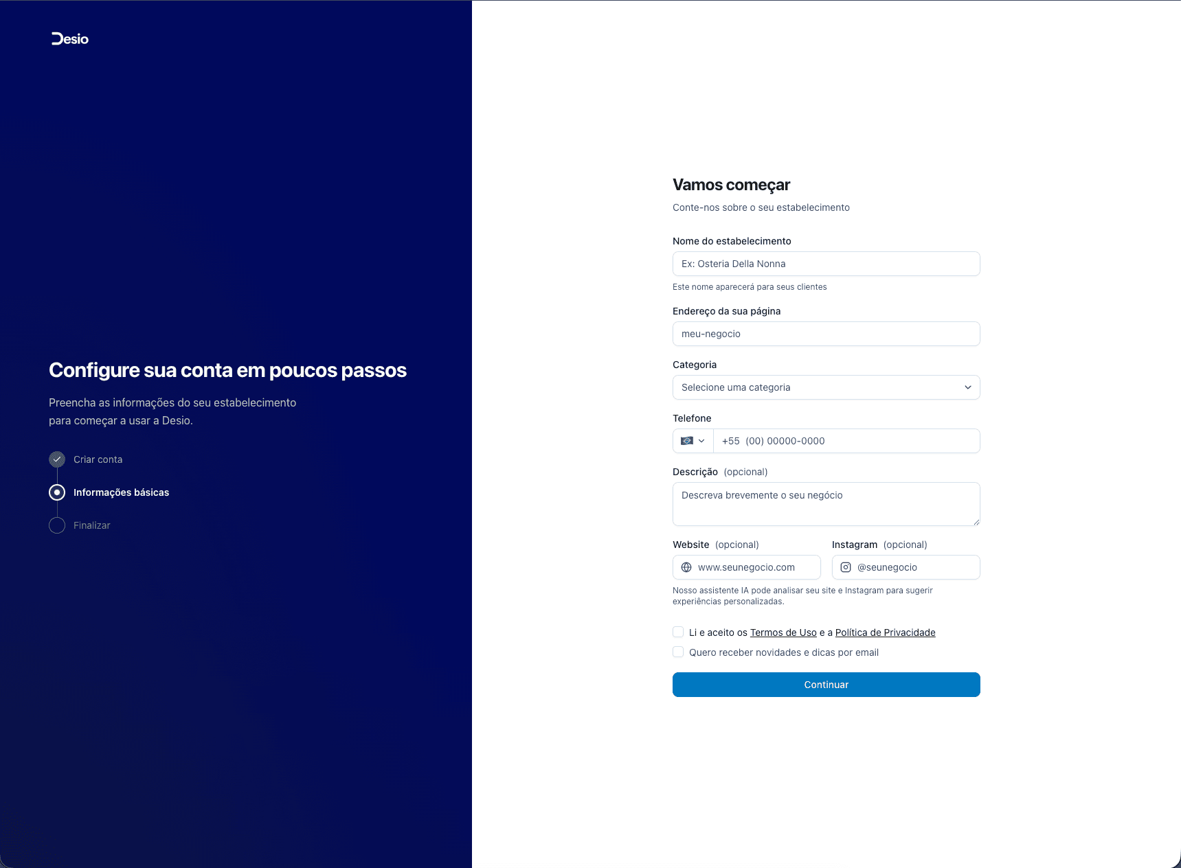 Tela "Vamos começar" com o formulário de informações básicas do estabelecimento